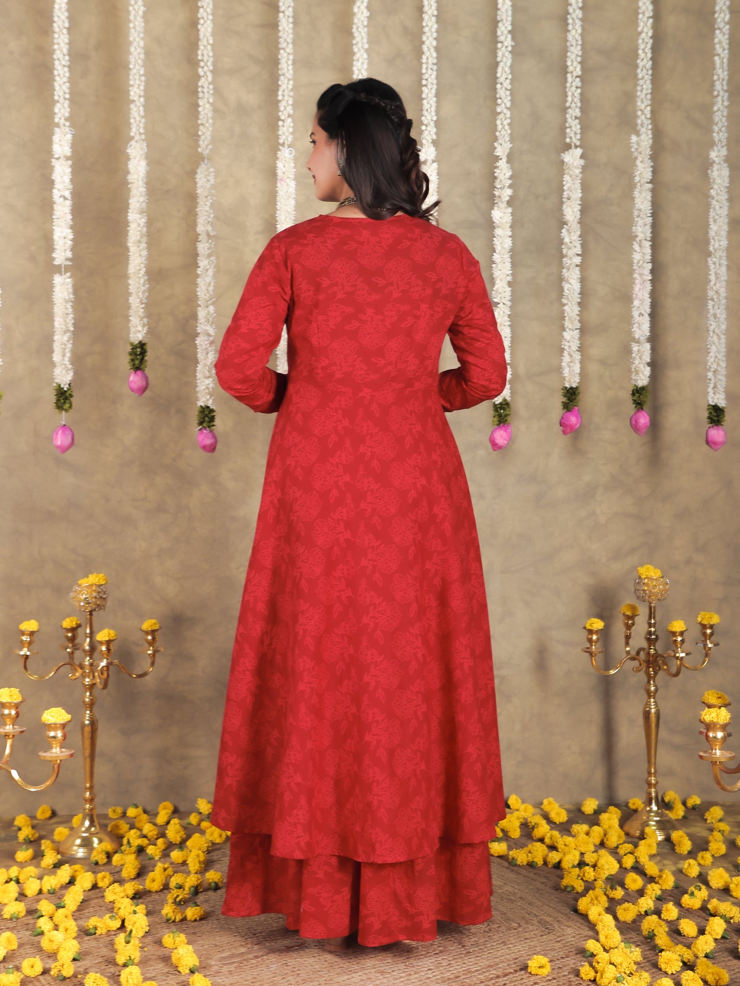 Soft Cotton Floral Flared Red Kurta