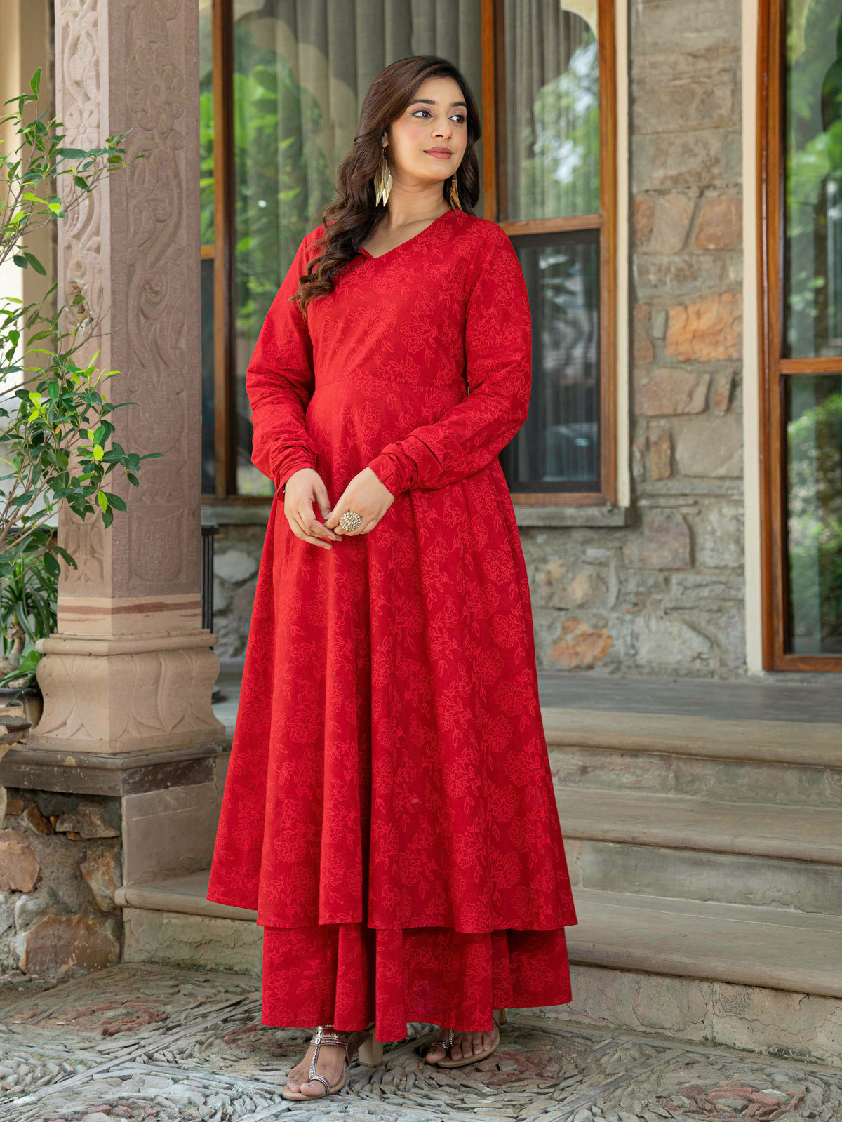 Soft Cotton Floral Anarkali Red Kurta