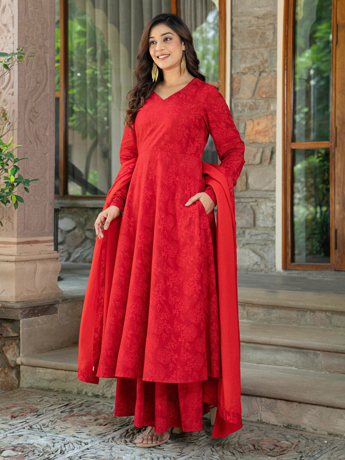 Soft Cotton Floral Anarkali Red Kurta