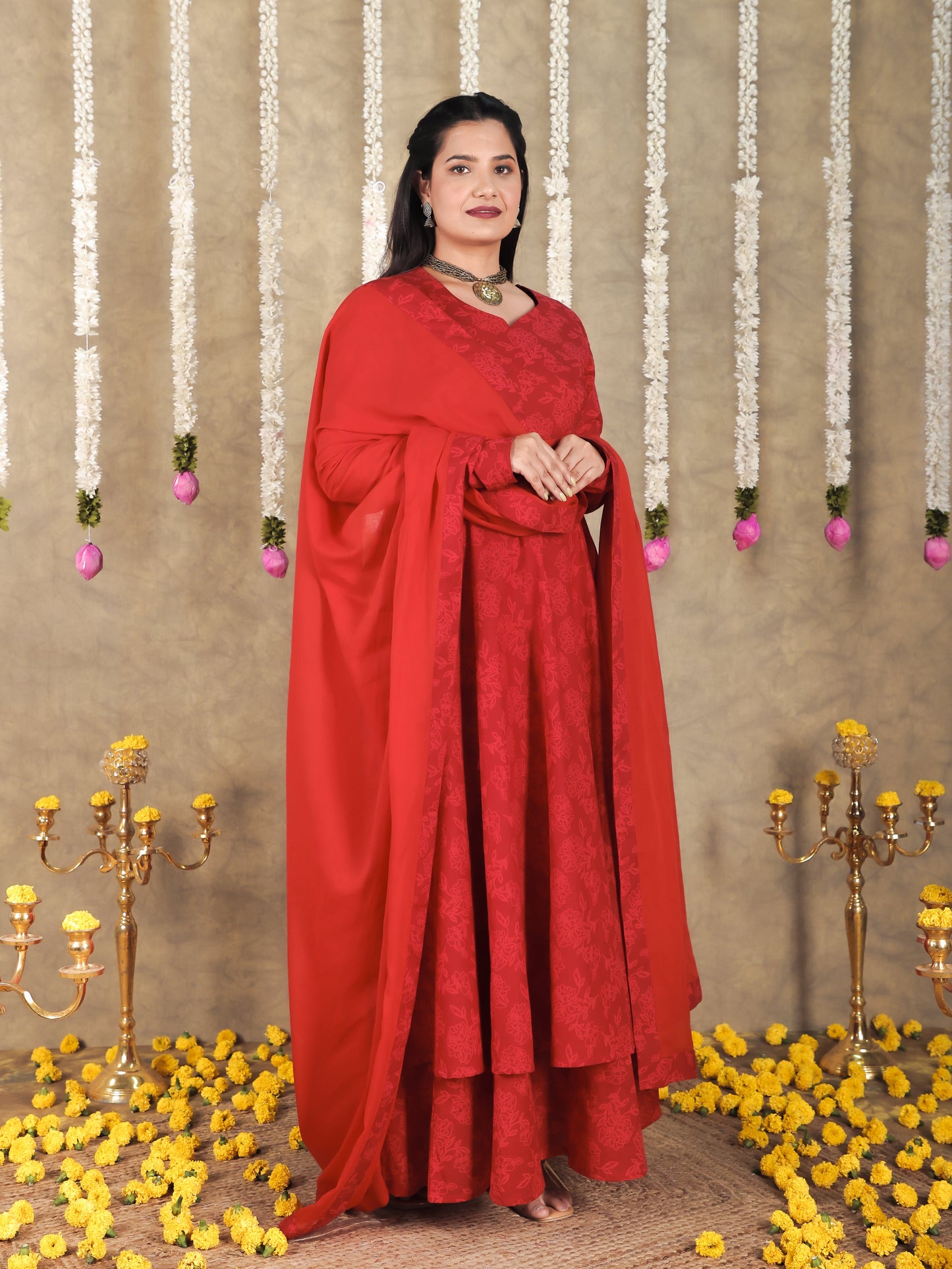 Soft Cotton Floral Flared Red Kurta