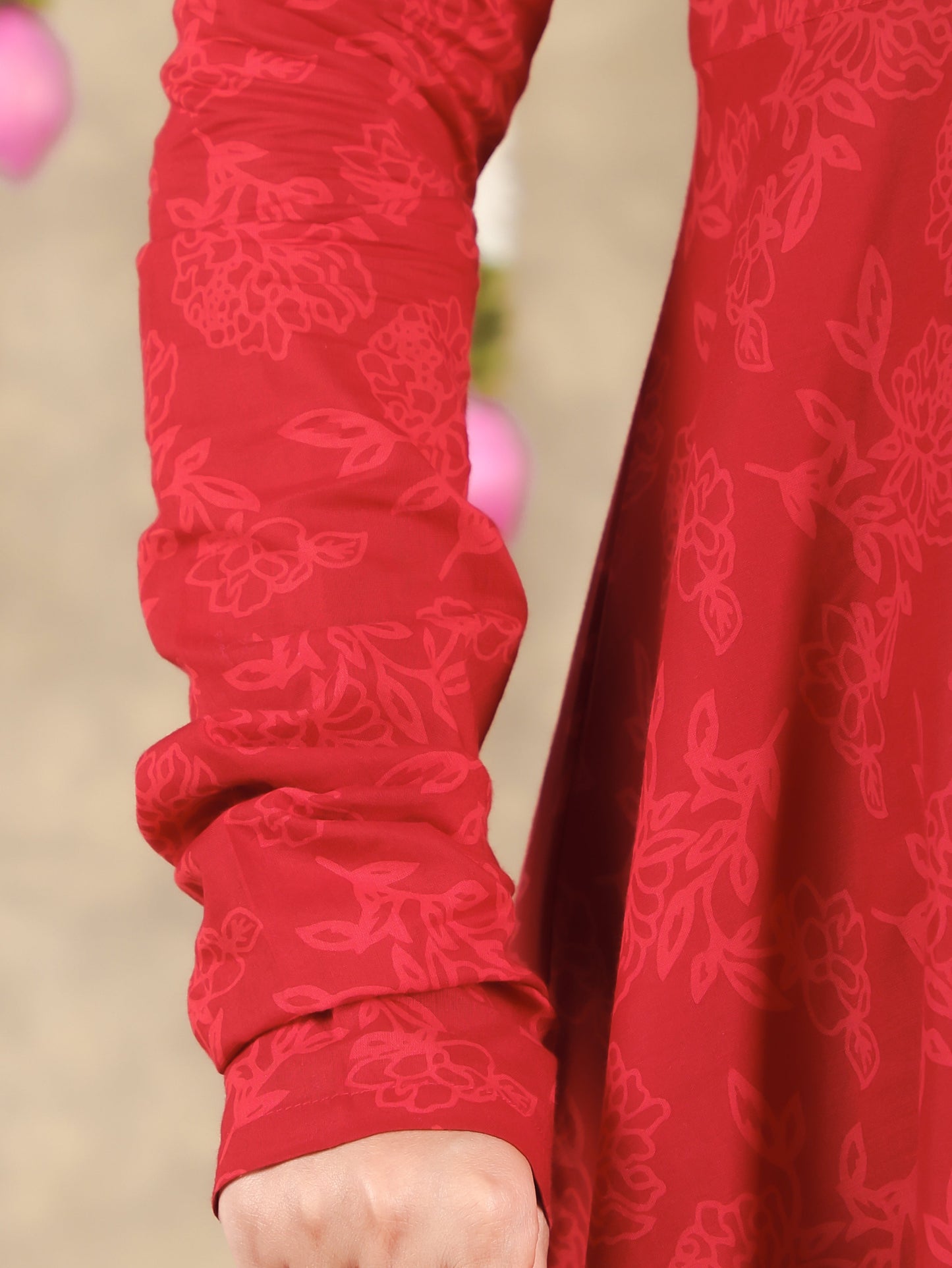 Soft Cotton Floral Flared Red Kurta