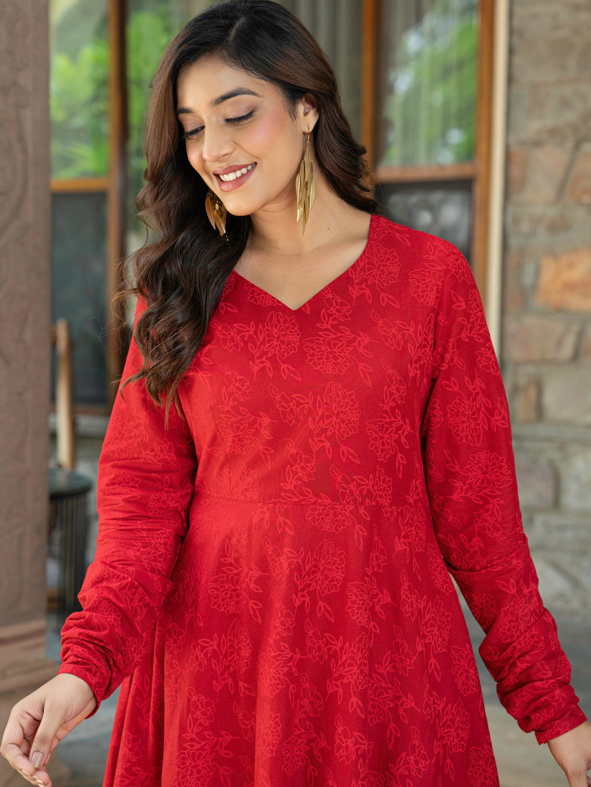 Soft Cotton Floral Anarkali Red Kurta