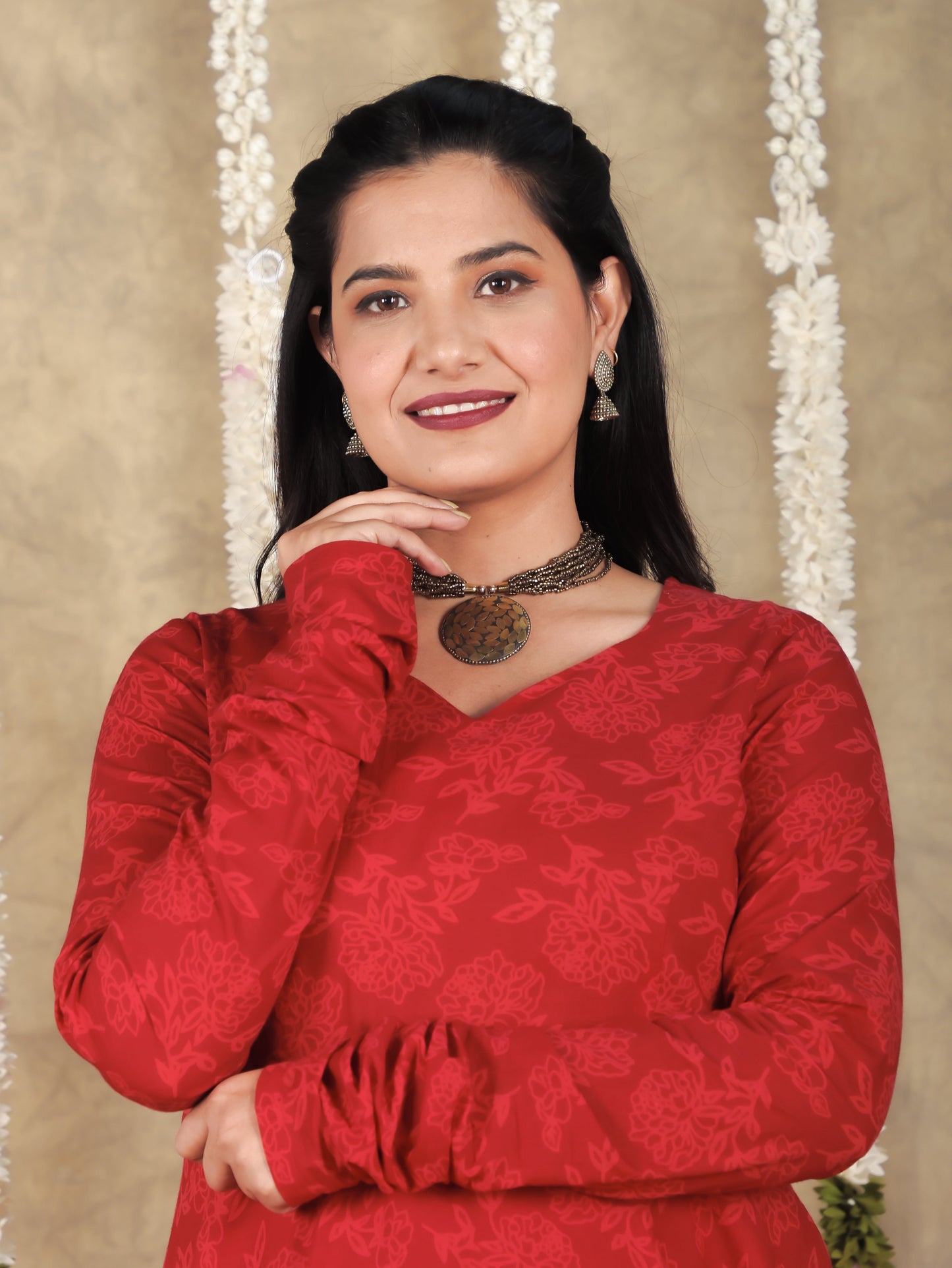 Soft Cotton Floral Flared Red Kurta