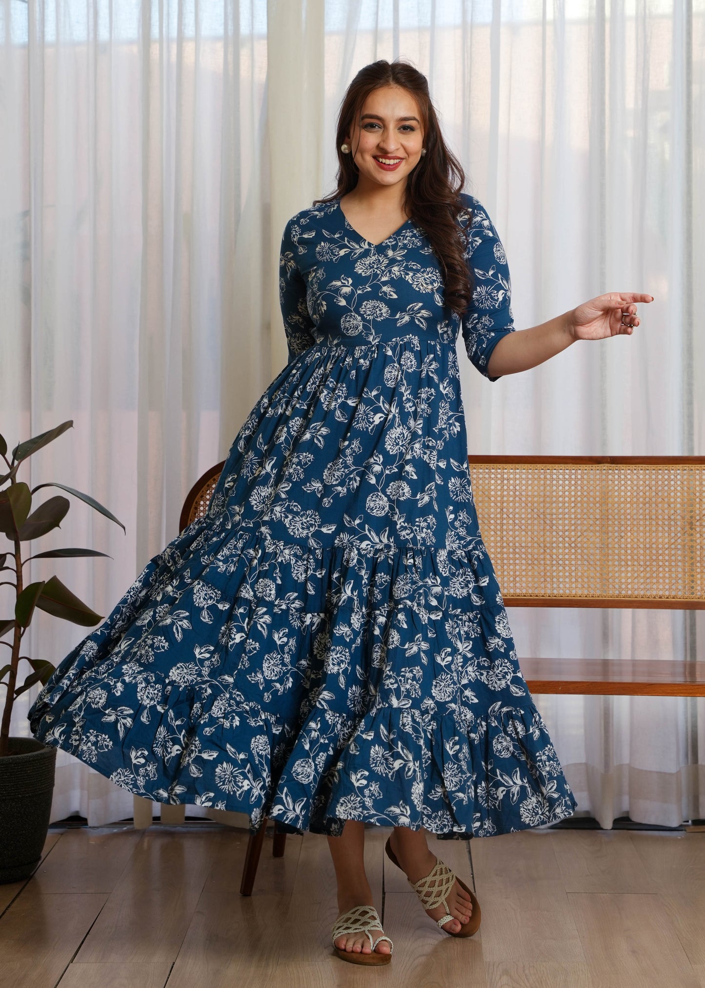 Soft Cotton Floral Tiered Blue Dress