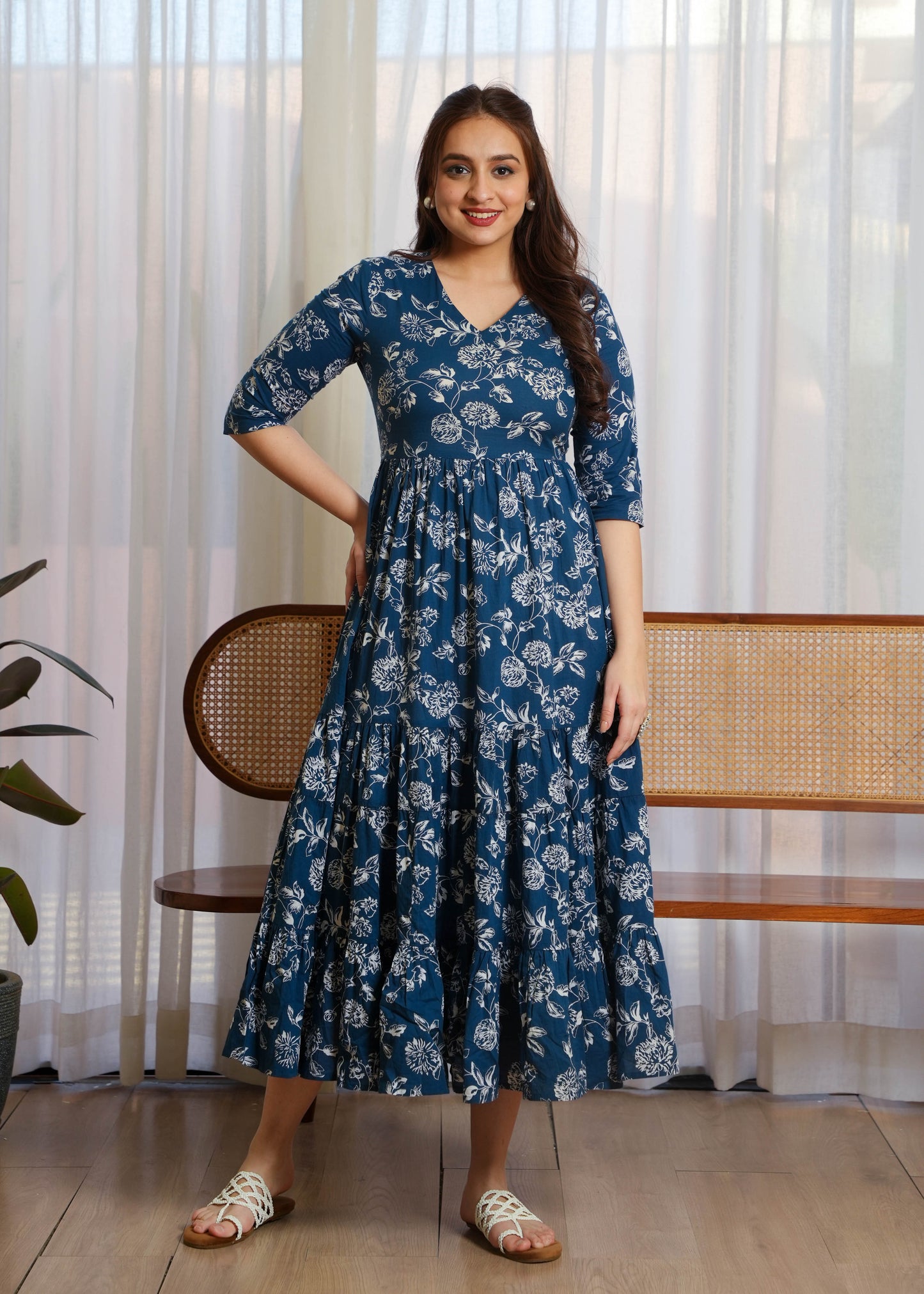 Soft Cotton Floral Tiered Blue Dress