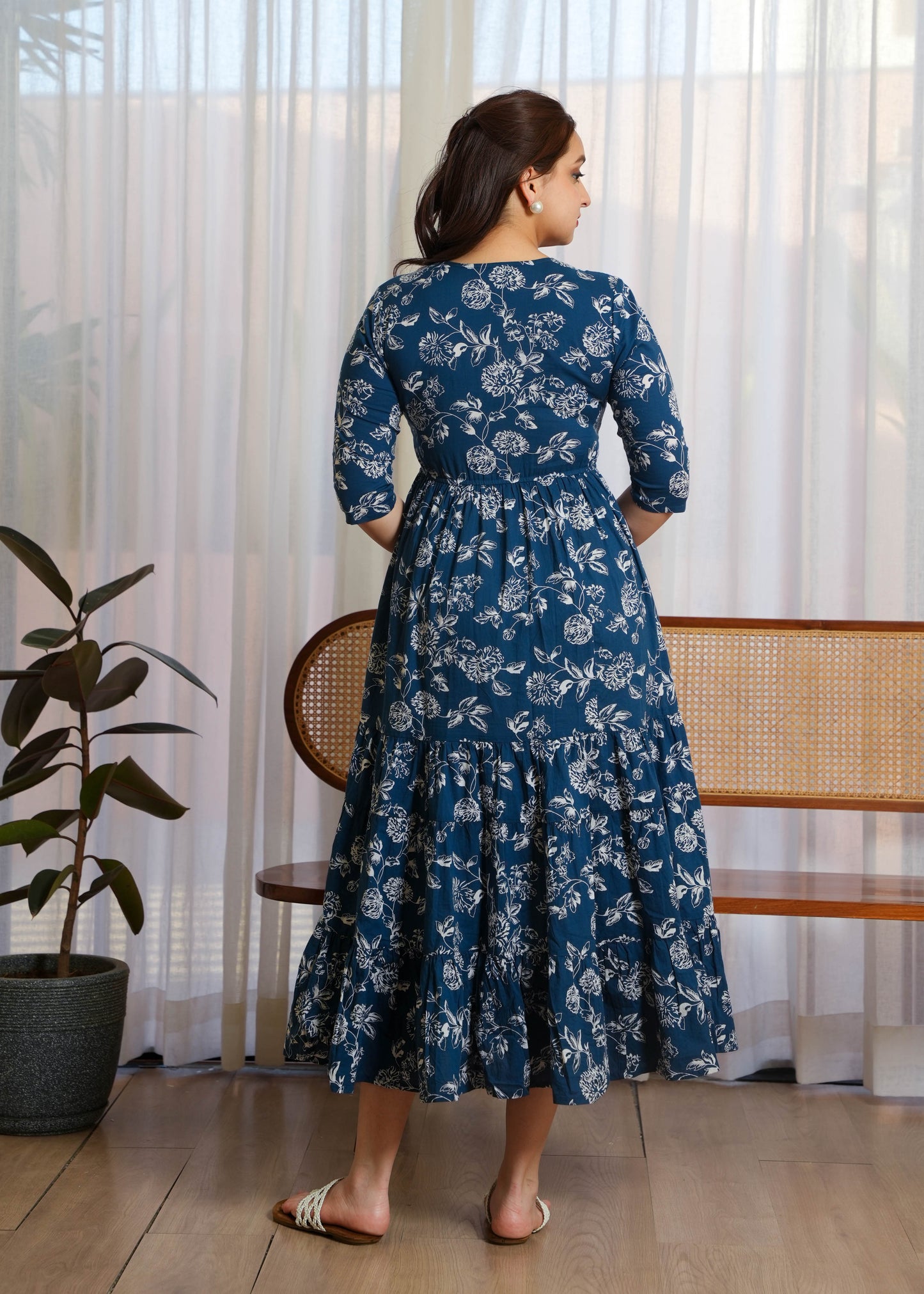 Soft Cotton Floral Tiered Blue Dress