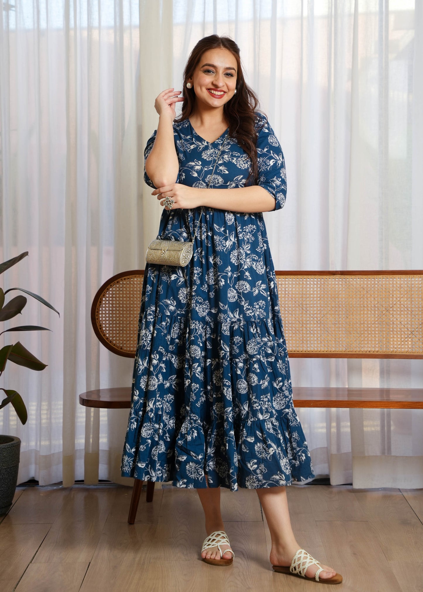 Soft Cotton Floral Tiered Blue Dress