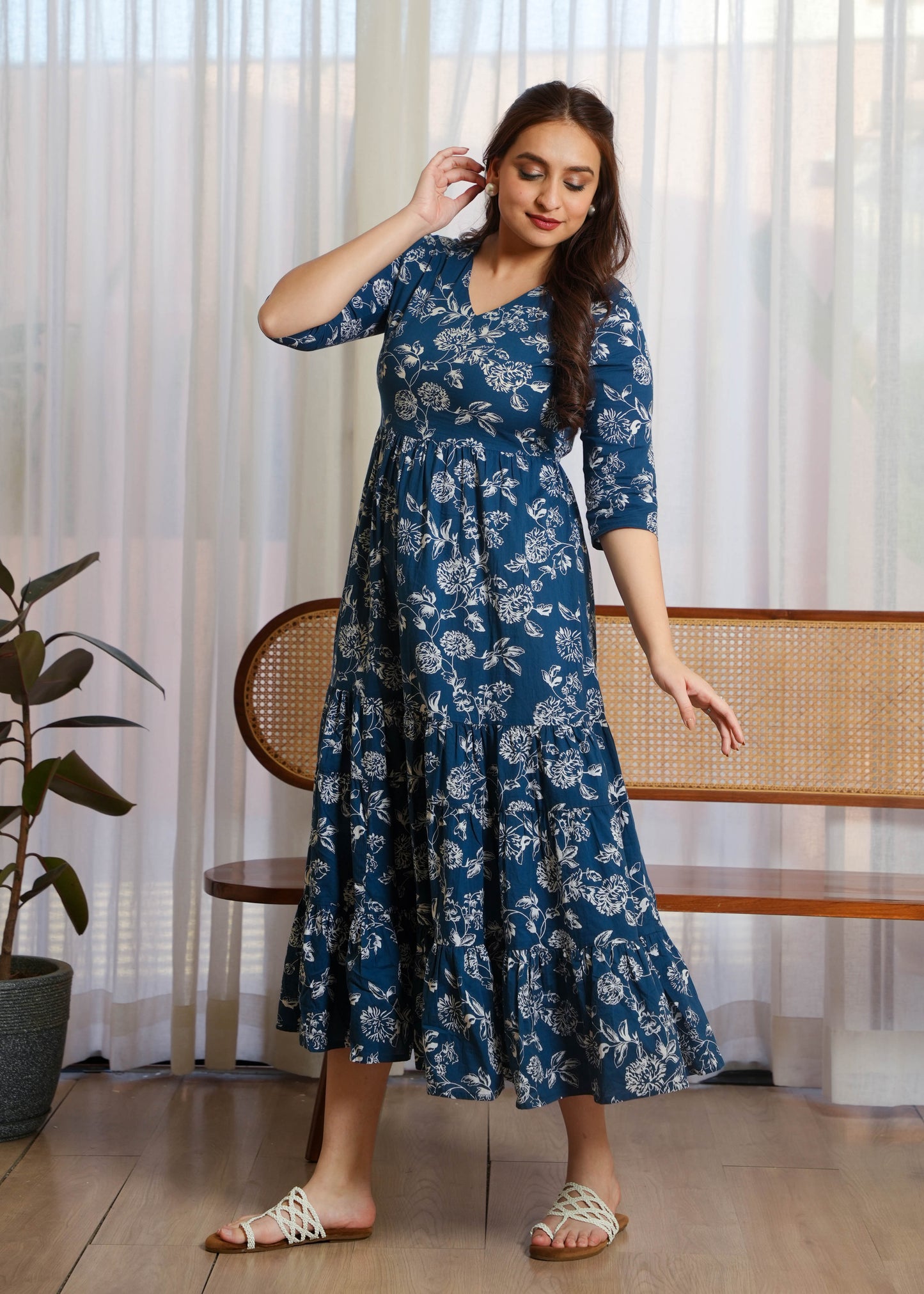 Soft Cotton Floral Tiered Blue Dress