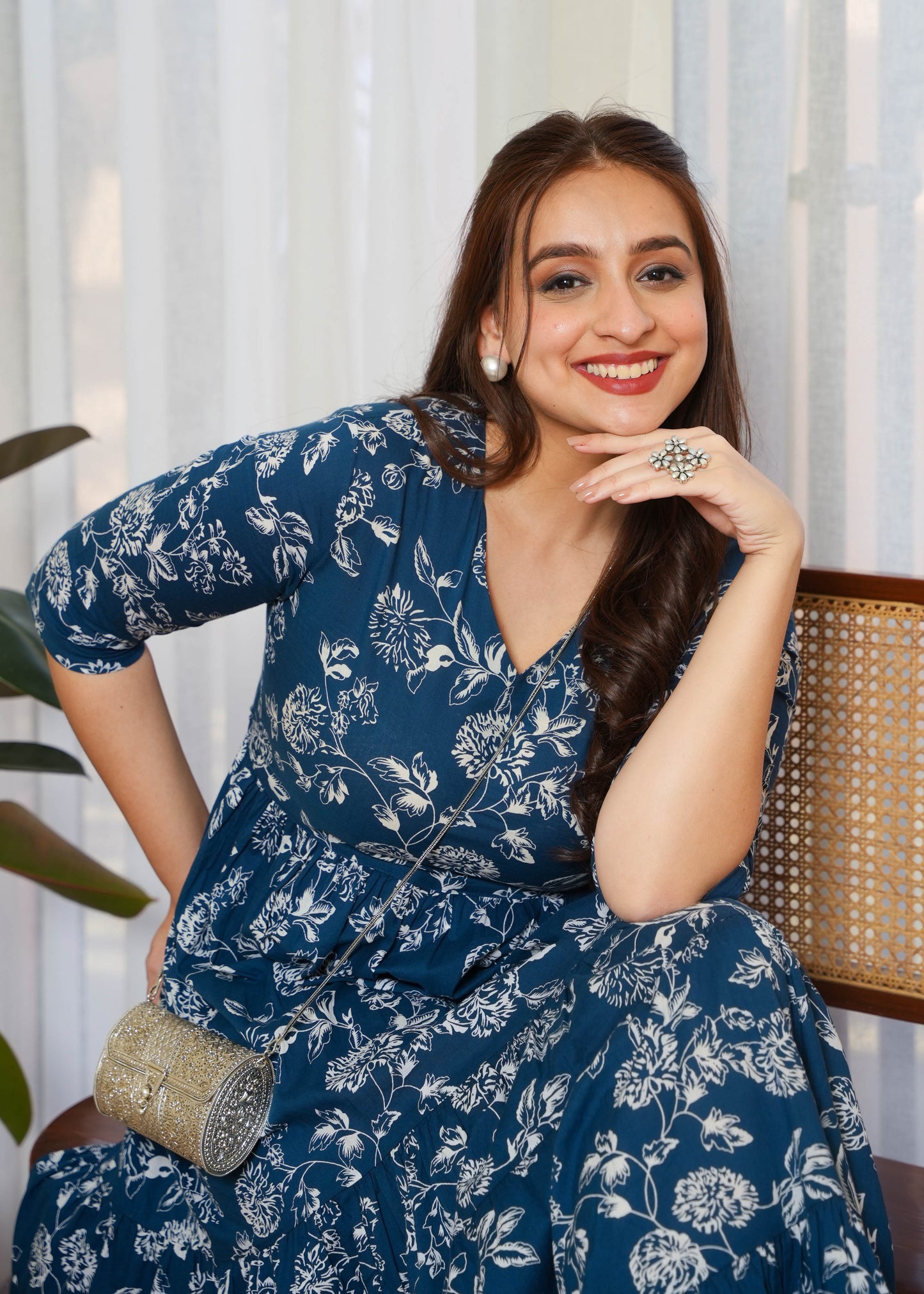 Soft Cotton Floral Tiered Blue Dress