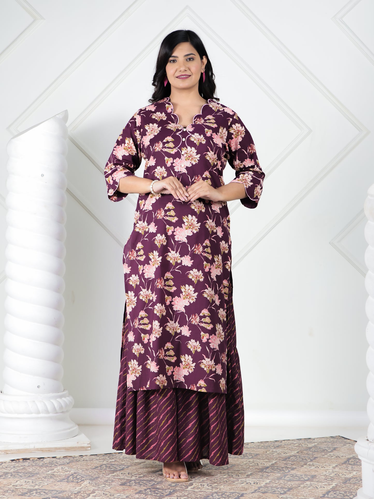 Embroidered Soft Cotton Floral Straight Purple Kurta