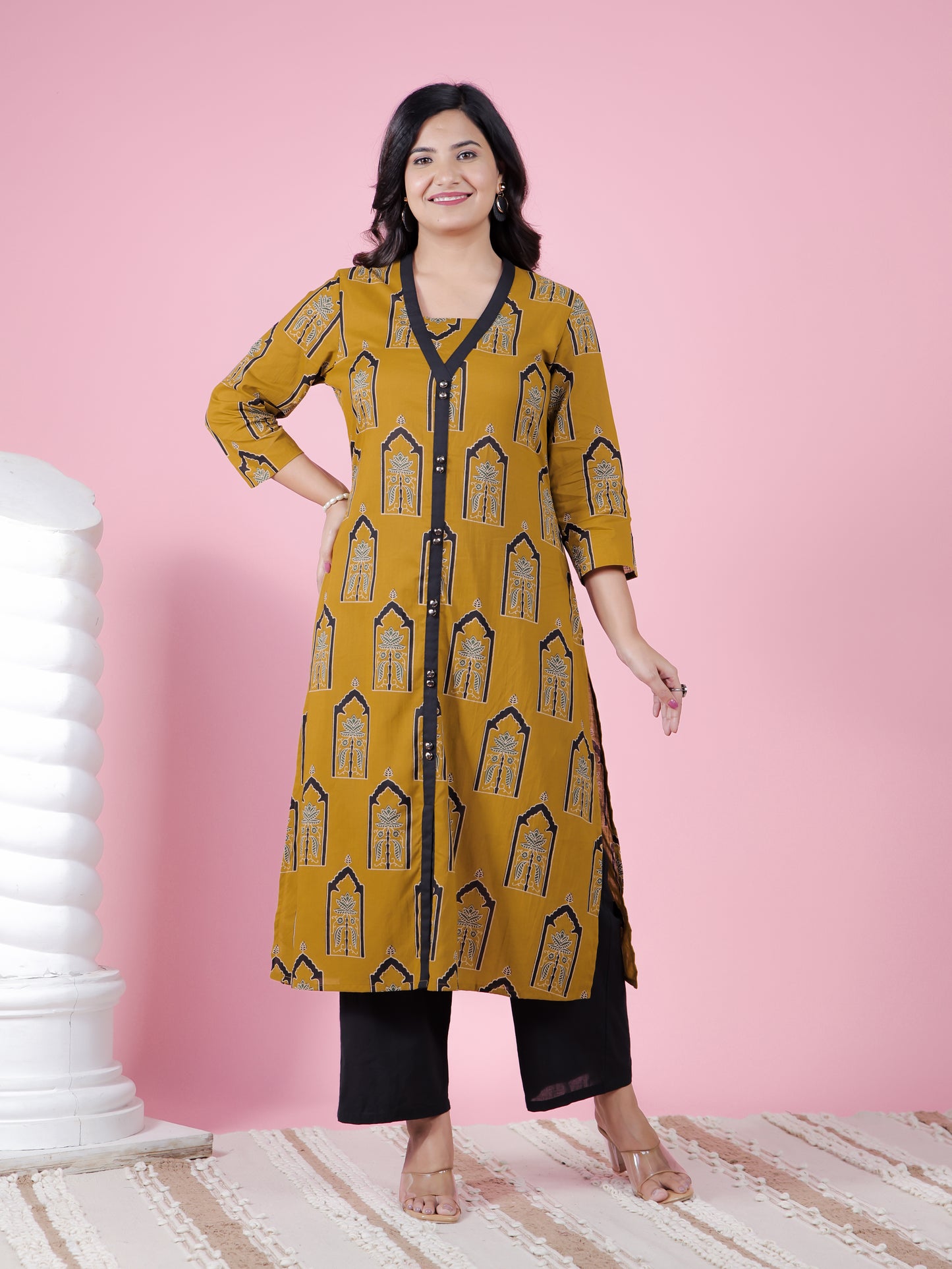 Soft Cotton Mughal Print A-line Yellow Kurta