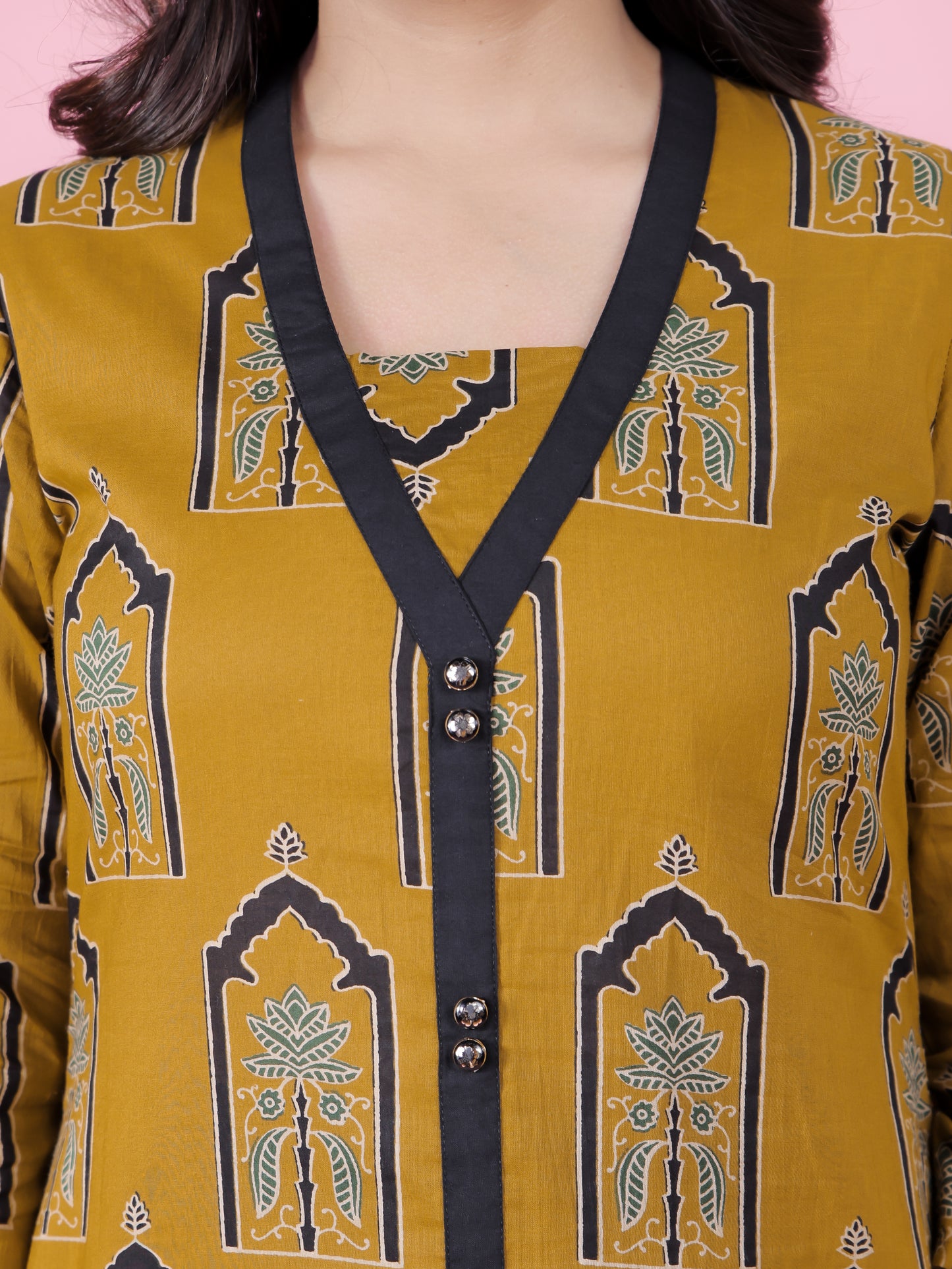 Soft Cotton Mughal Print A-line Yellow Kurta