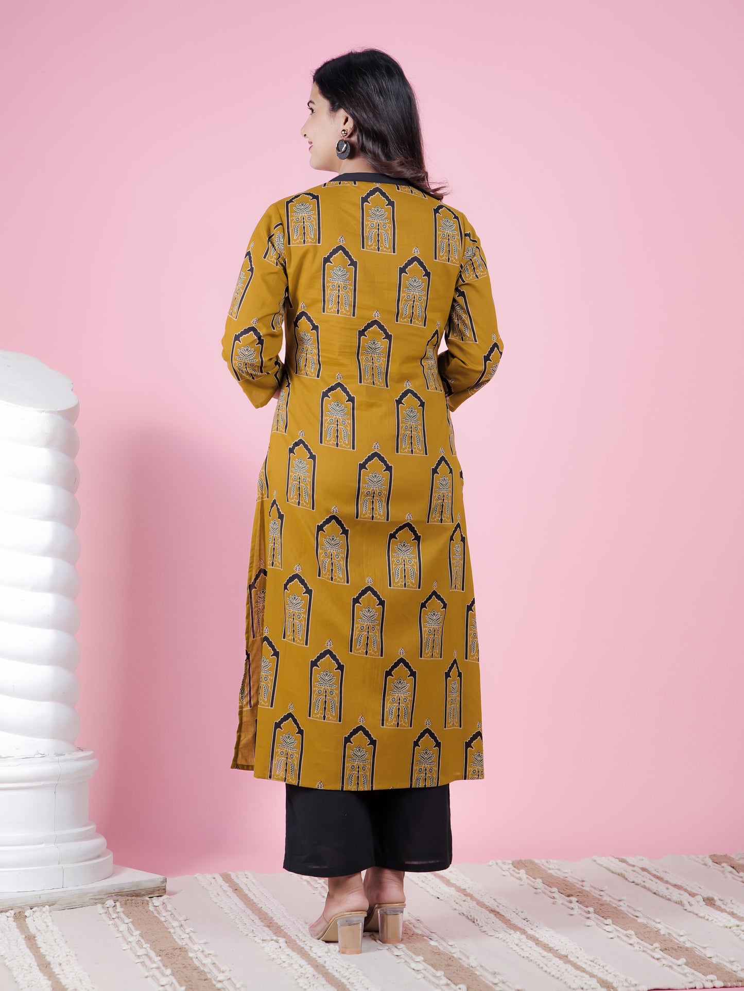 Soft Cotton Mughal Print A-line Yellow Kurta