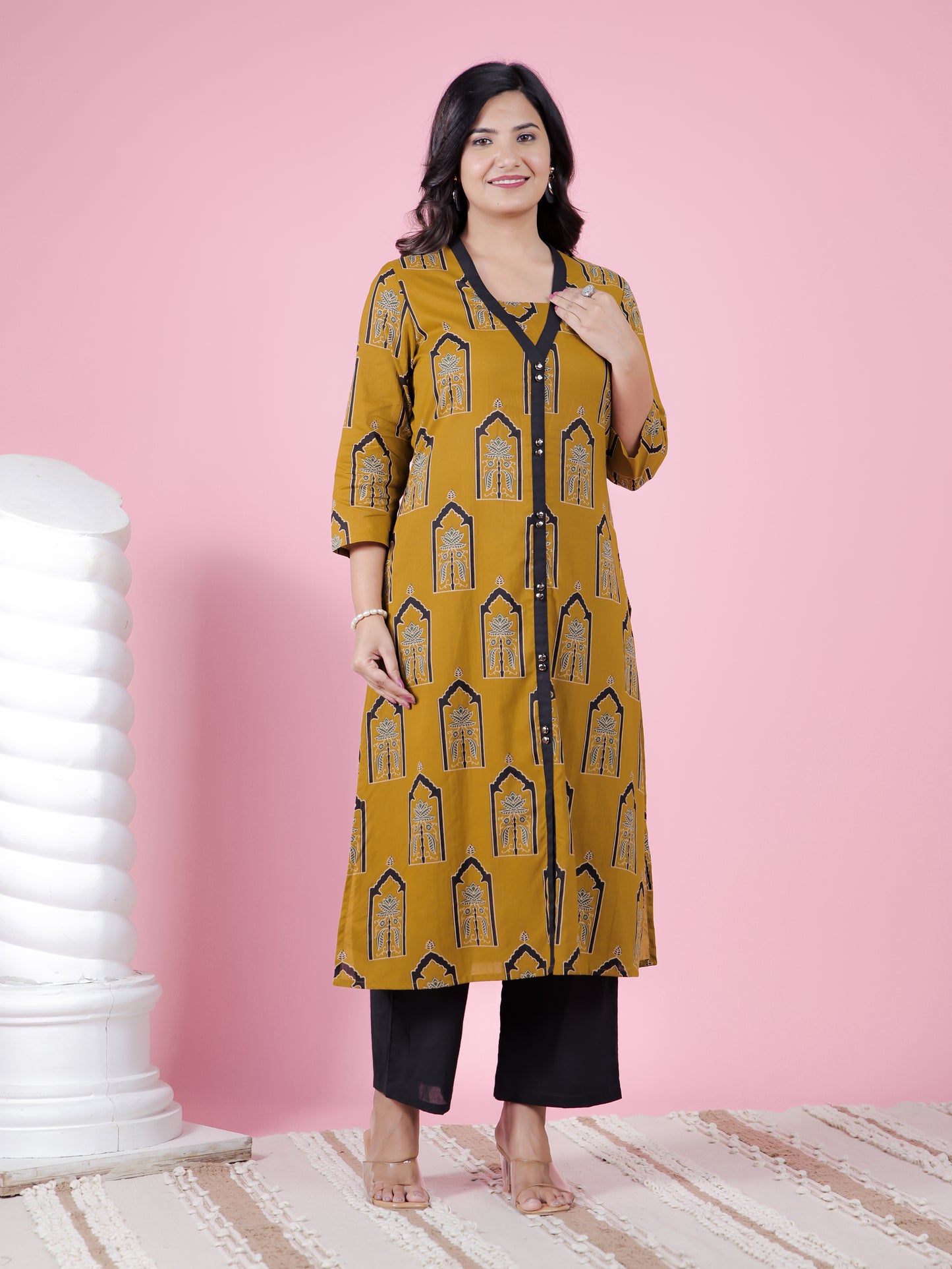 Soft Cotton Mughal Print A-line Yellow Kurta