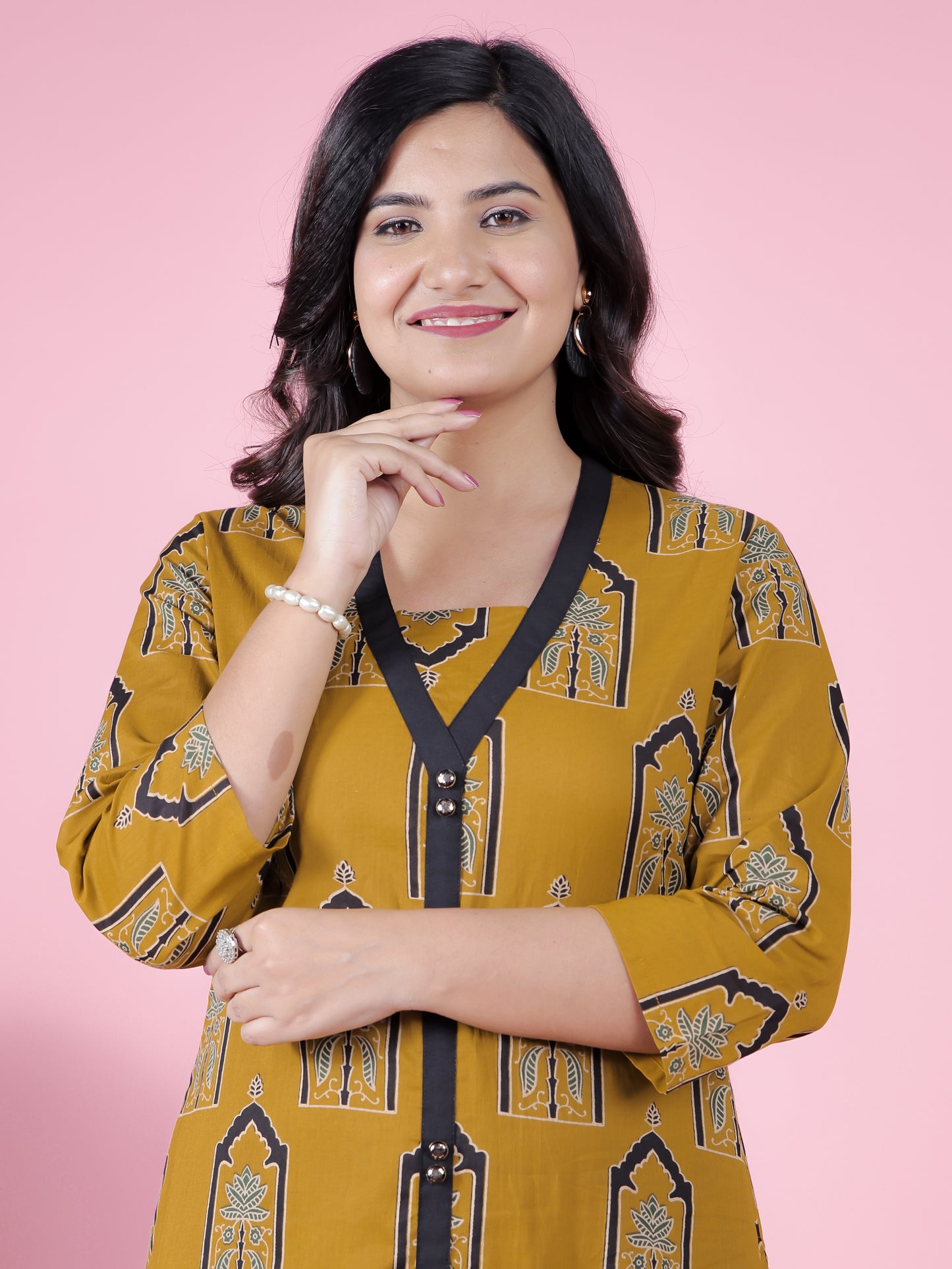 Soft Cotton Mughal Print A-line Yellow Kurta