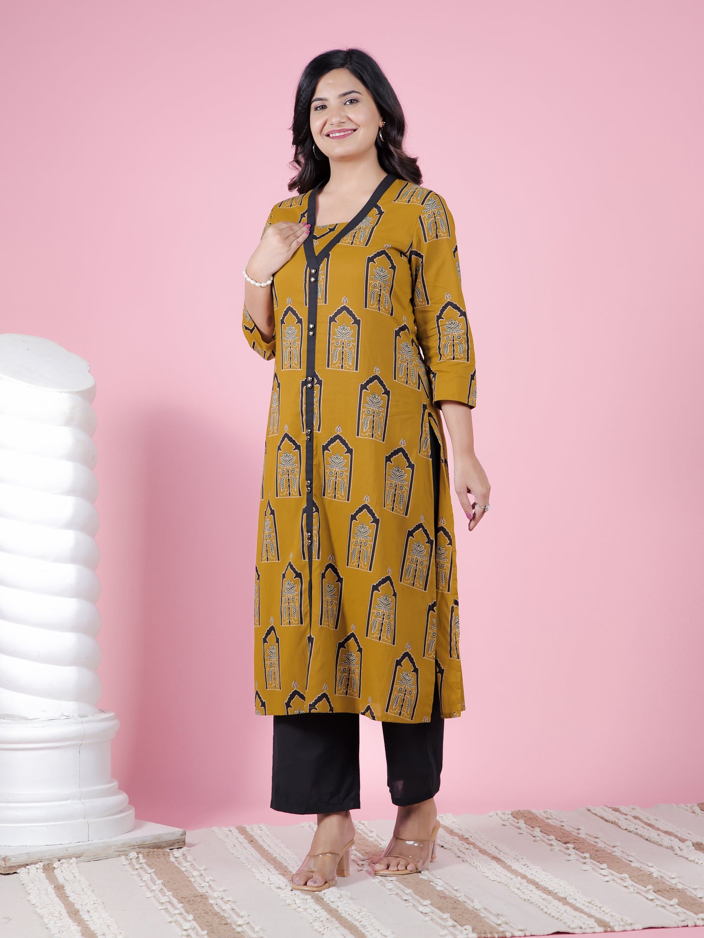 Soft Cotton Mughal Print A-line Yellow Kurta