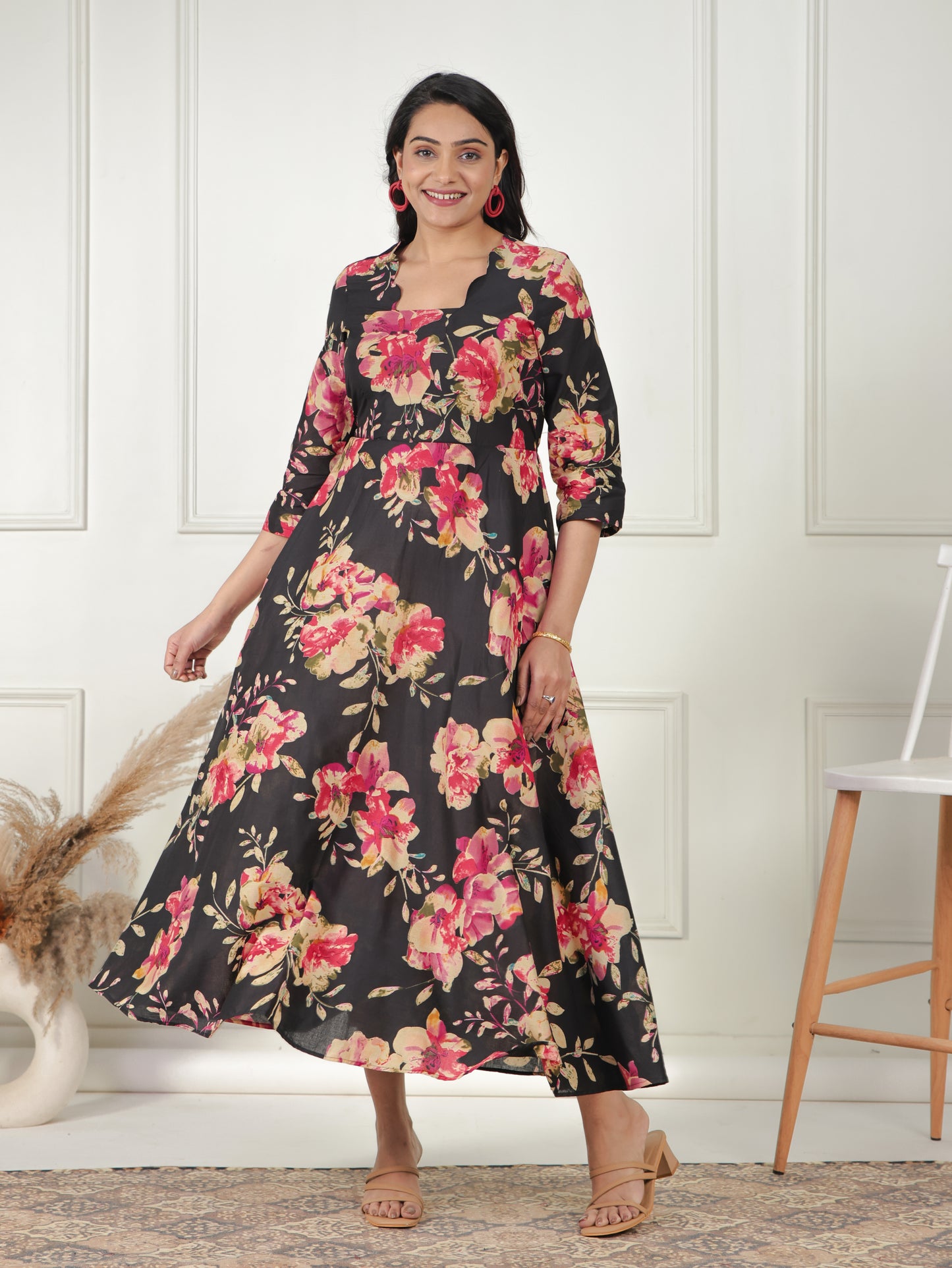 Soft Cotton Floral Anarkali Black Dress