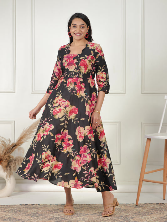 Soft Cotton Floral Anarkali Black Dress