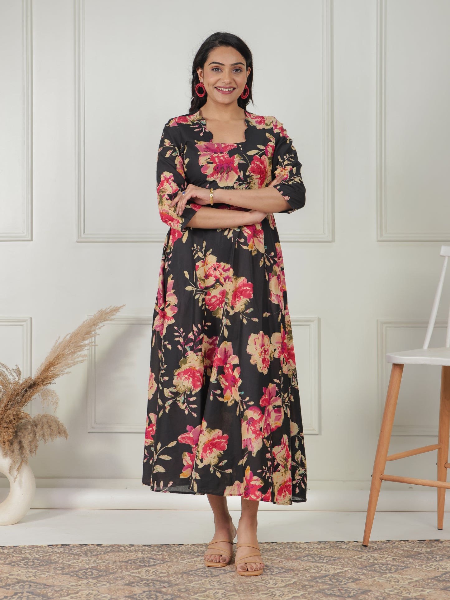 Soft Cotton Floral Anarkali Black Dress