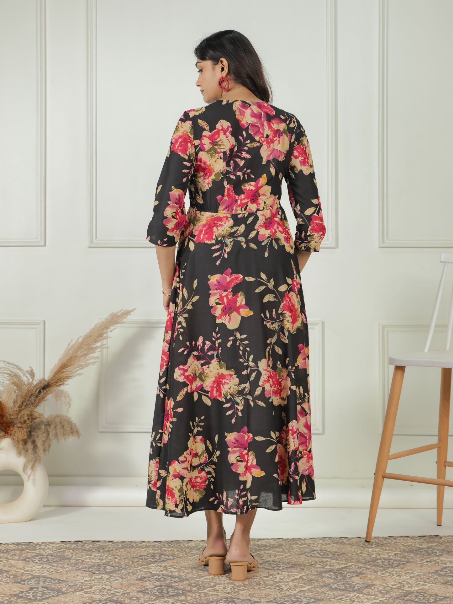 Soft Cotton Floral Anarkali Black Dress