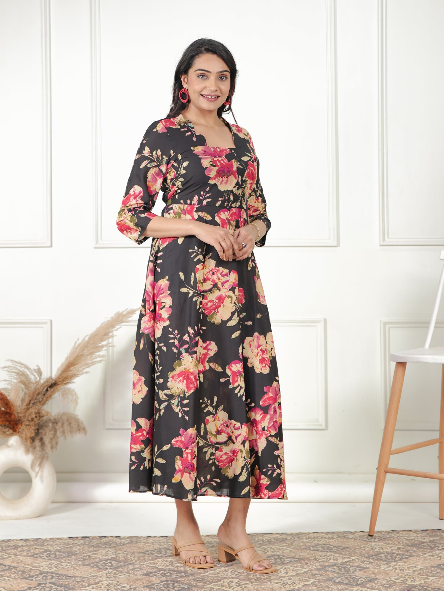 Soft Cotton Floral Anarkali Black Dress