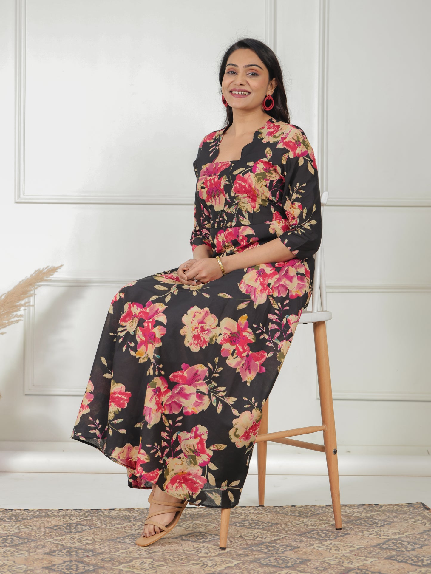 Soft Cotton Floral Anarkali Black Dress