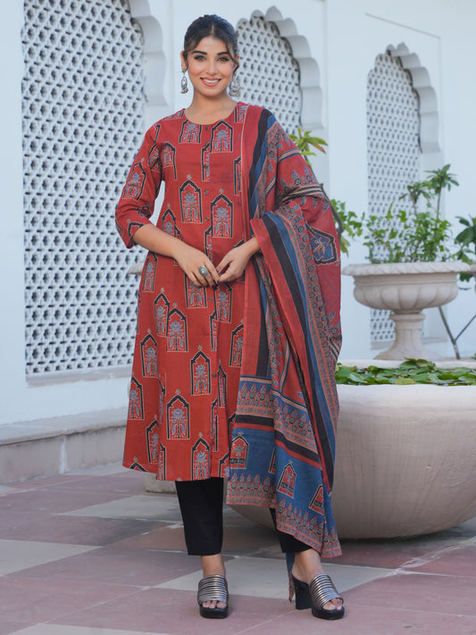 Cotton Voile Mughal Print Rust Dupatta