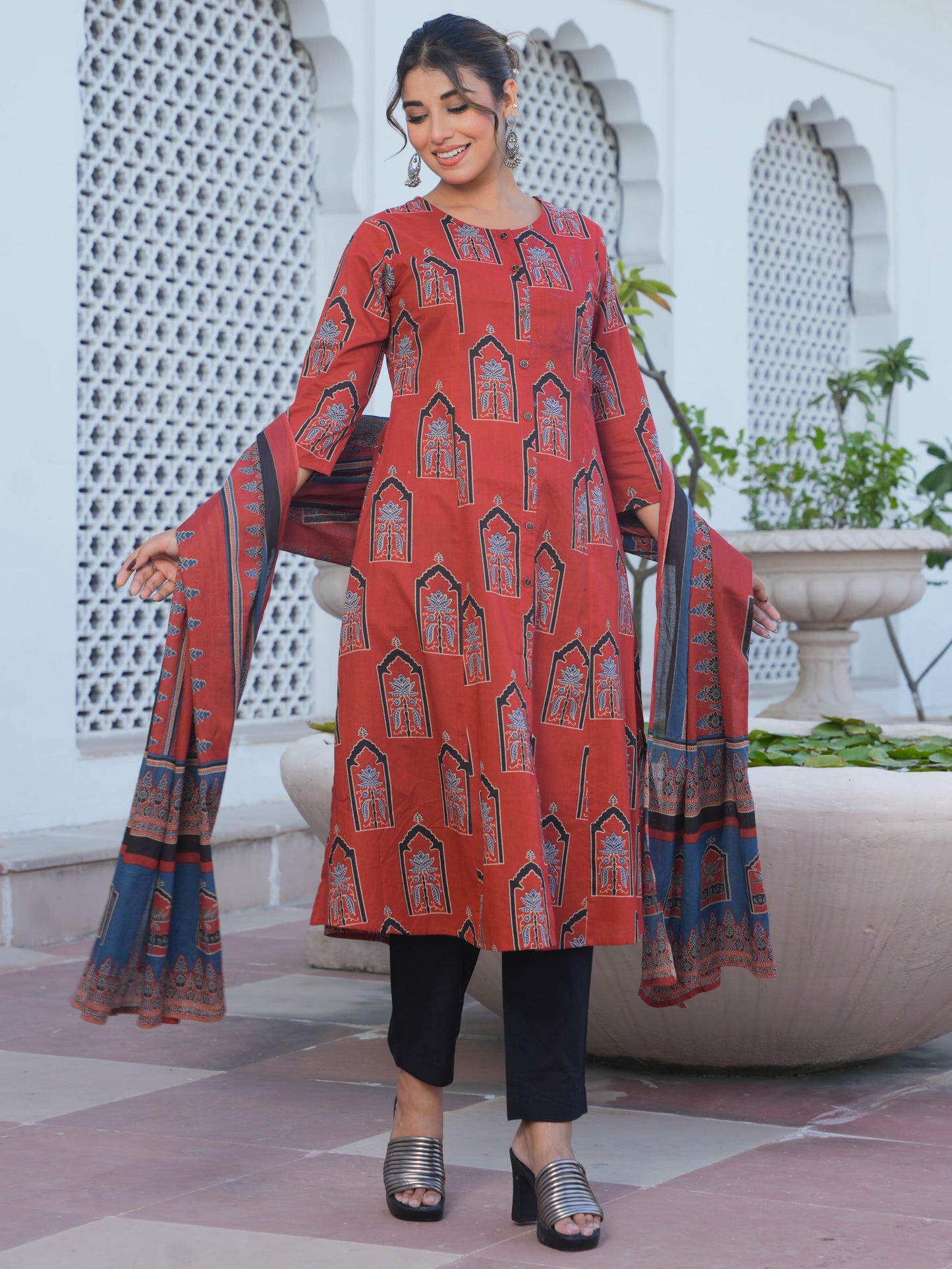 Cotton Voile Mughal Print Rust Dupatta