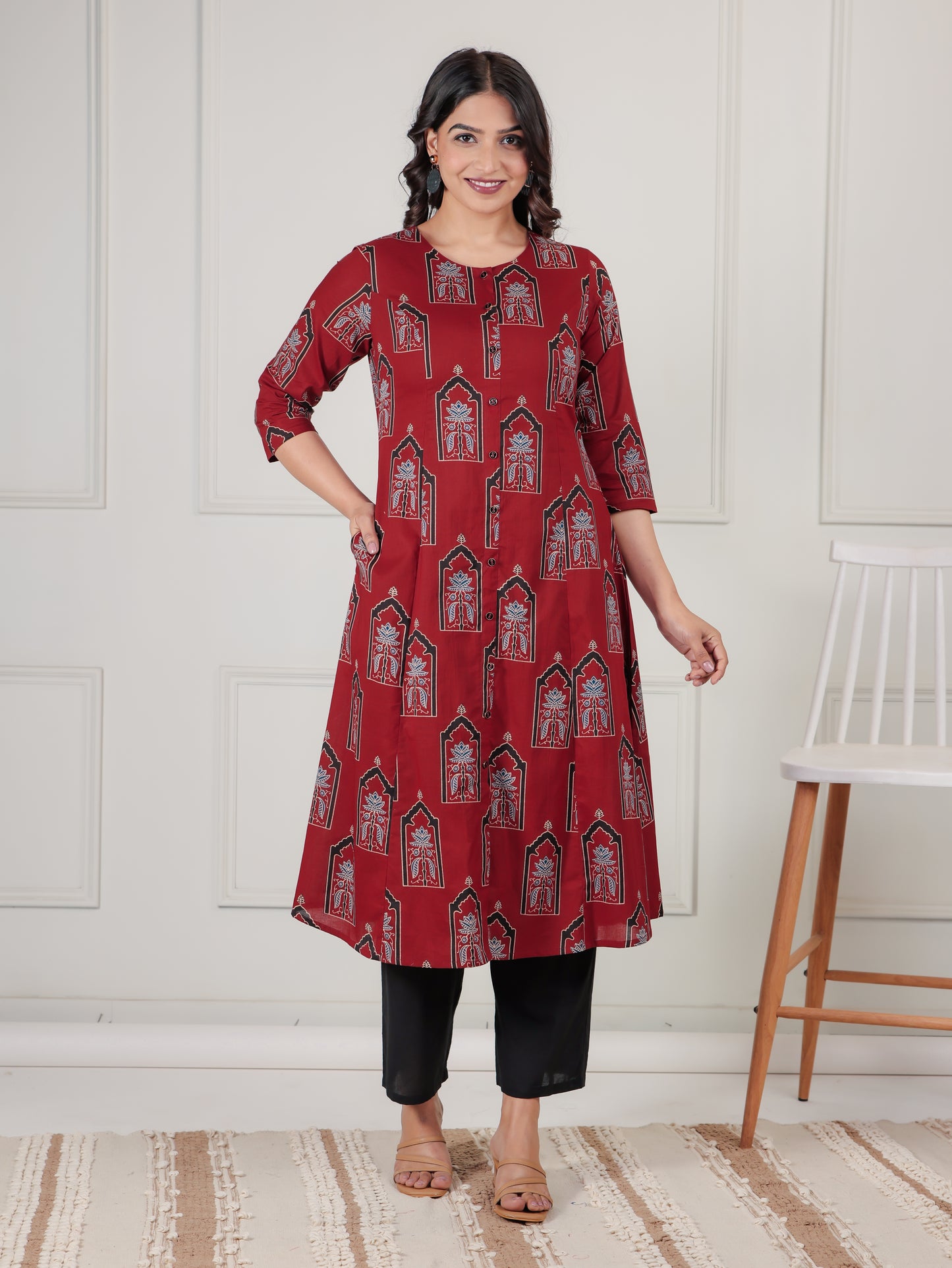 Soft Cotton Mughal Print A-line Rust Kurta