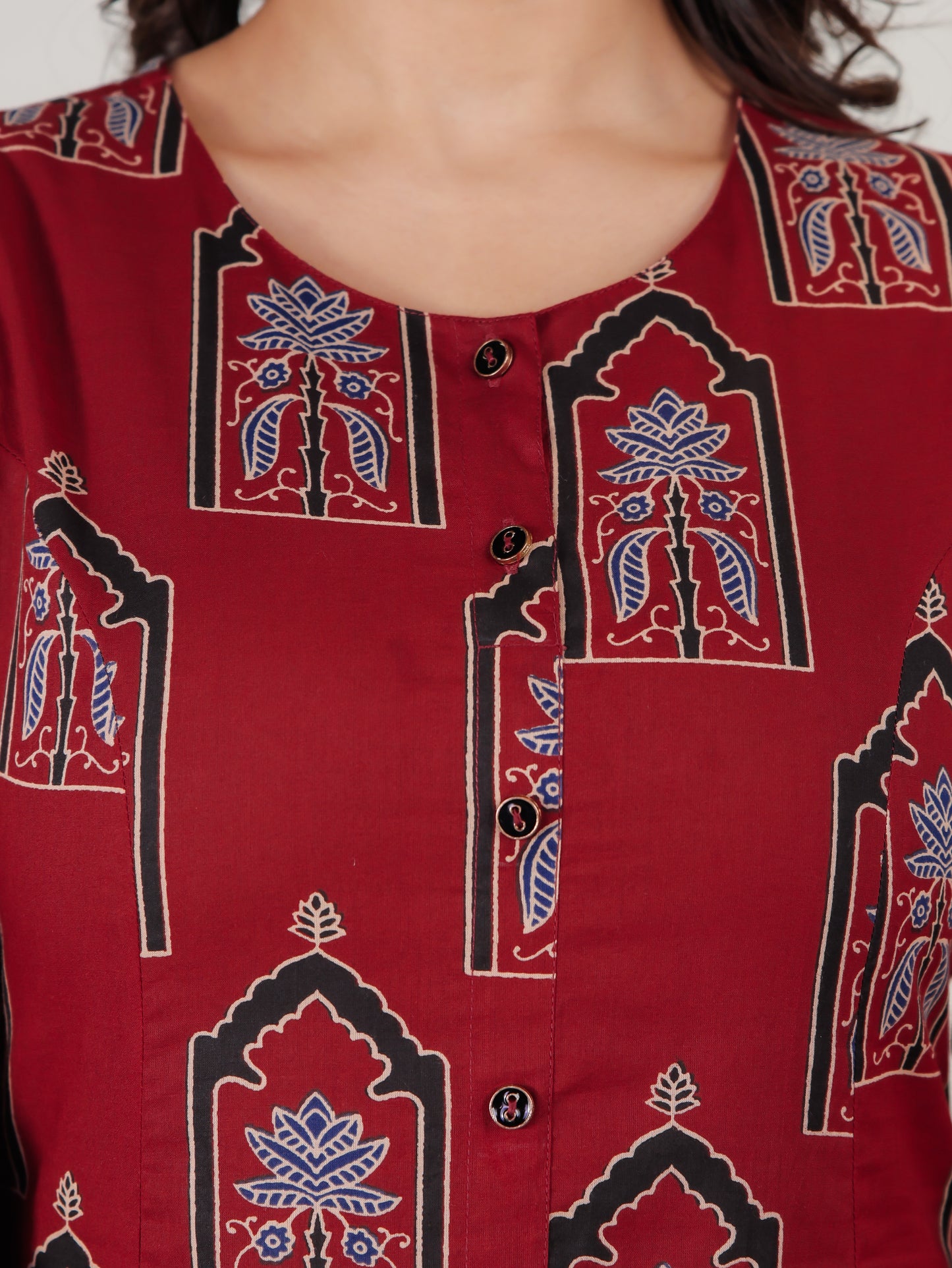 Soft Cotton Mughal Print A-line Rust Kurta