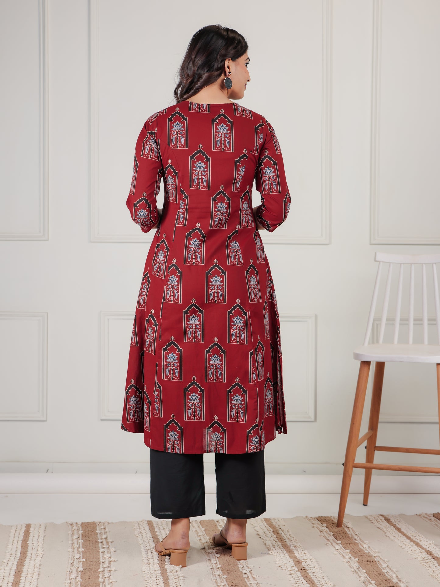 Soft Cotton Mughal Print A-line Rust Kurta