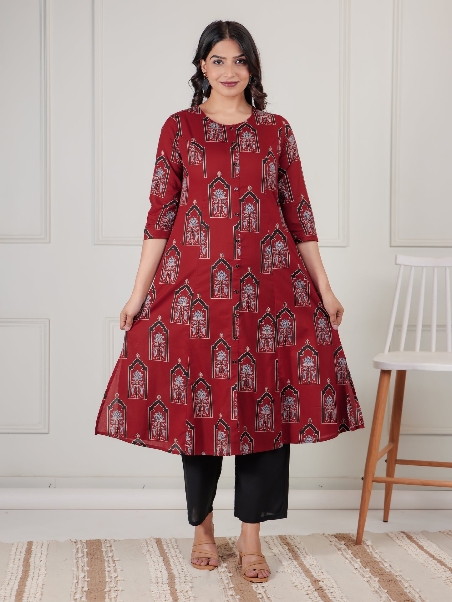 Soft Cotton Mughal Print A-line Rust Kurta