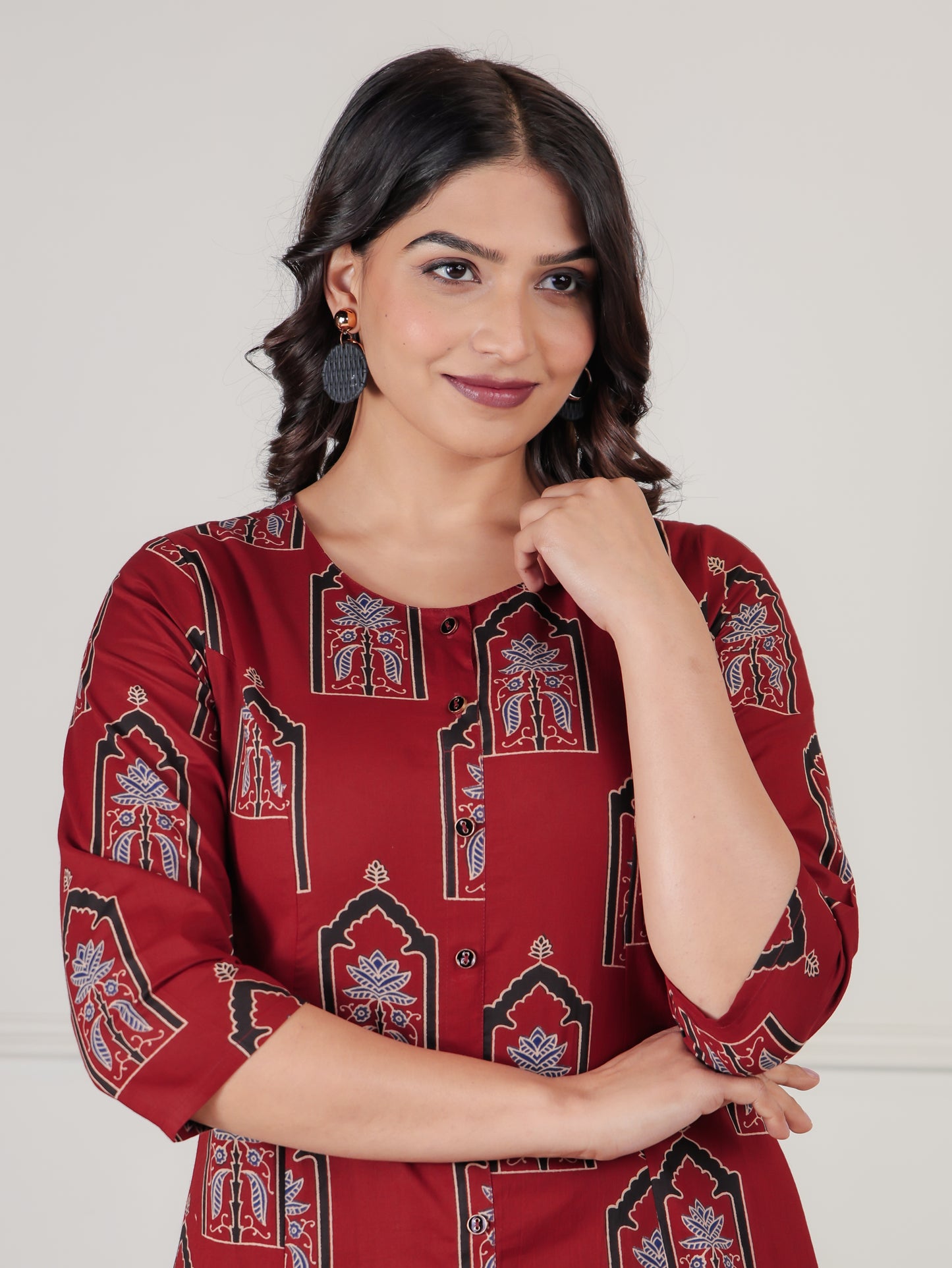 Soft Cotton Mughal Print A-line Rust Kurta