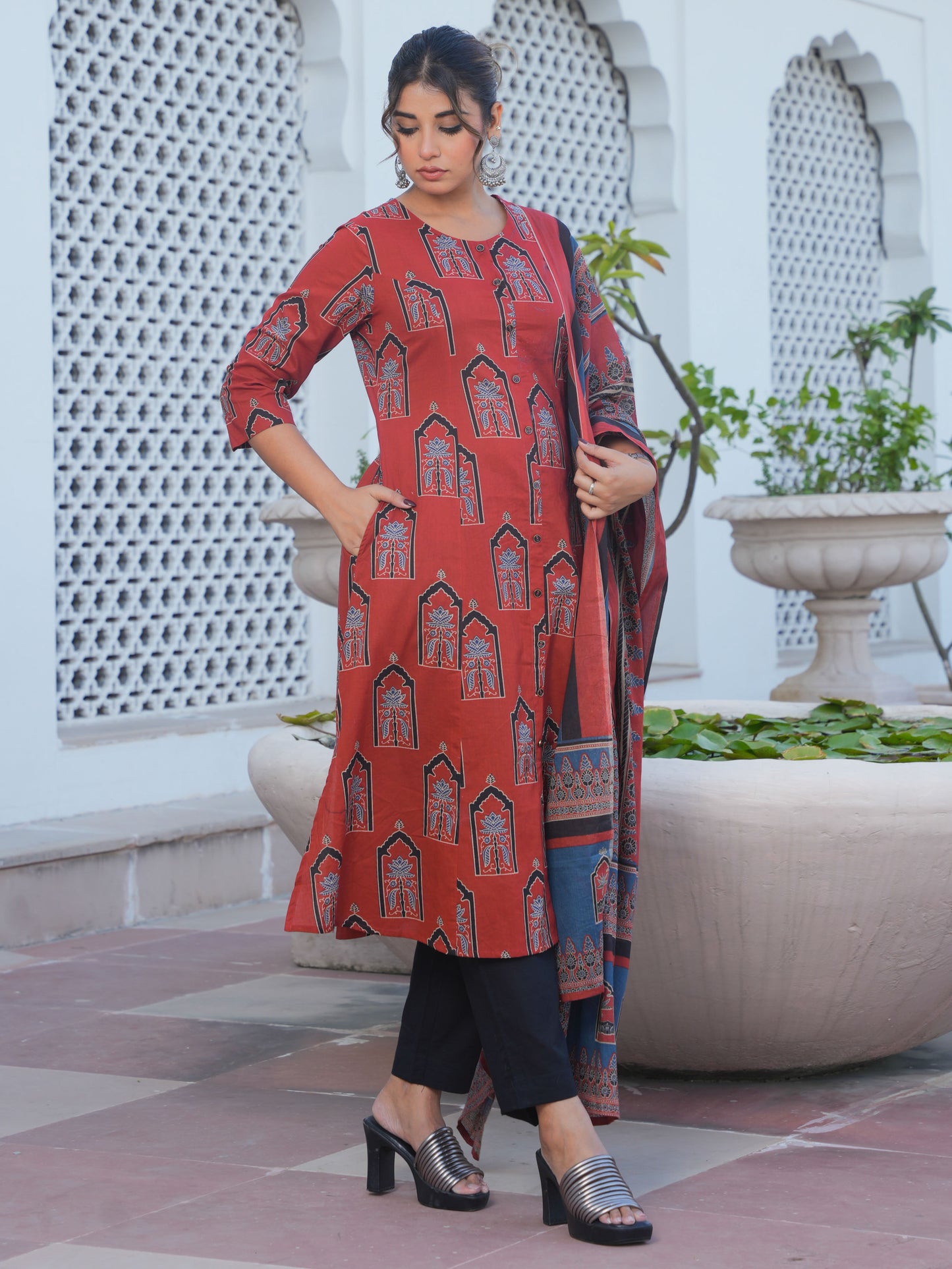 Soft Cotton Mughal Print A-line Rust Kurta