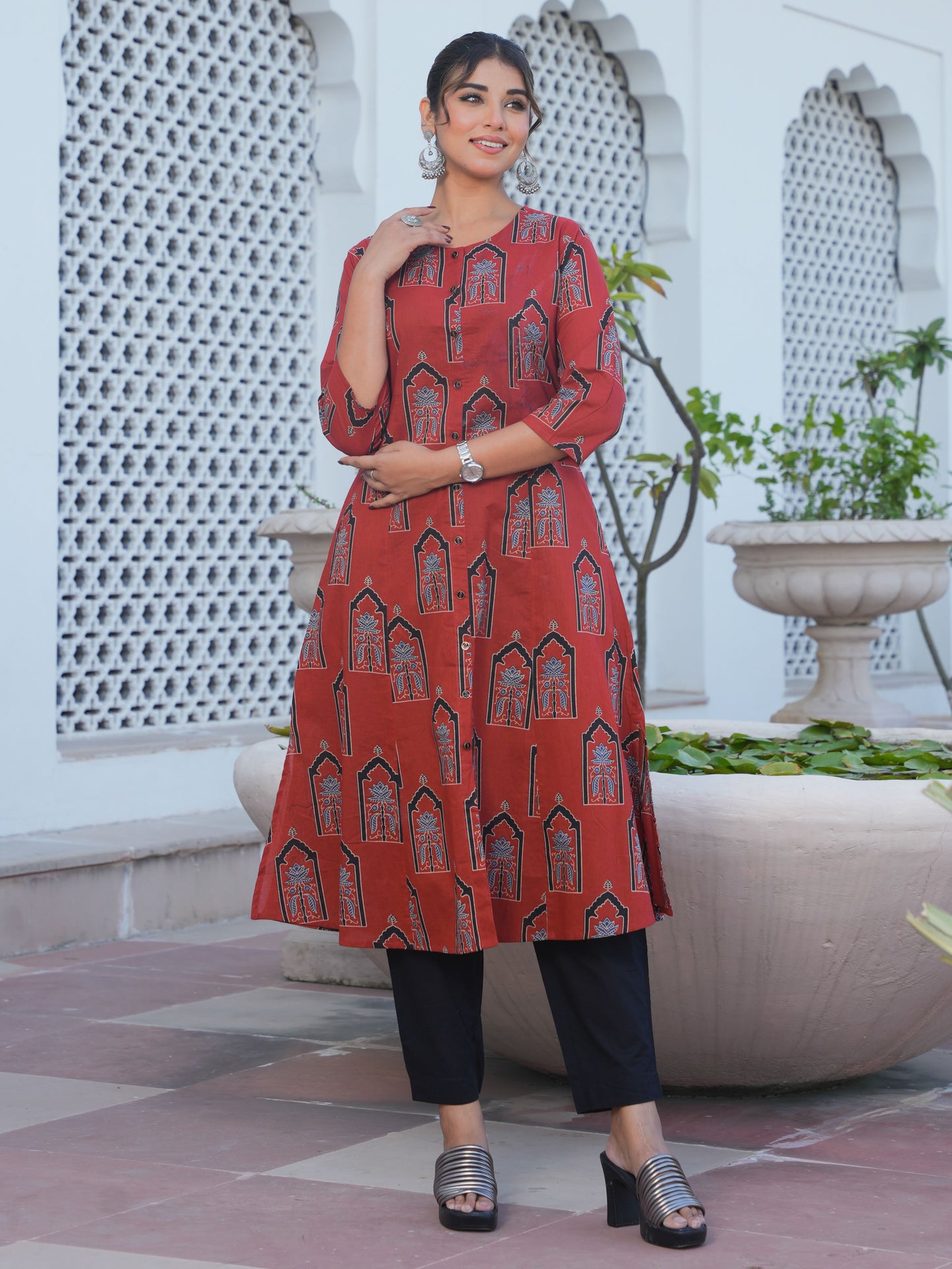 Soft Cotton Mughal Print A-line Rust Kurta