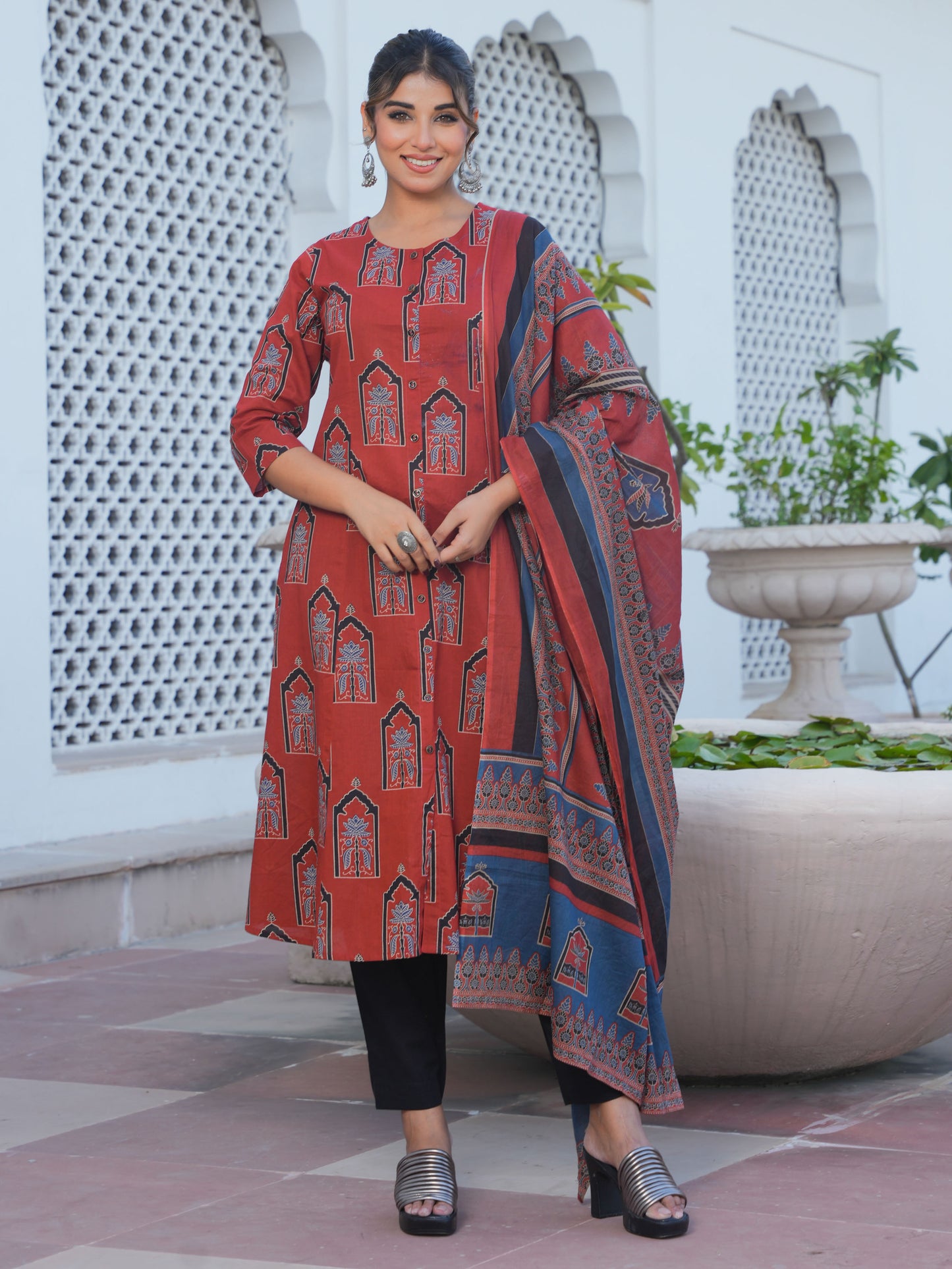 Soft Cotton Mughal Print A-line Rust Kurta