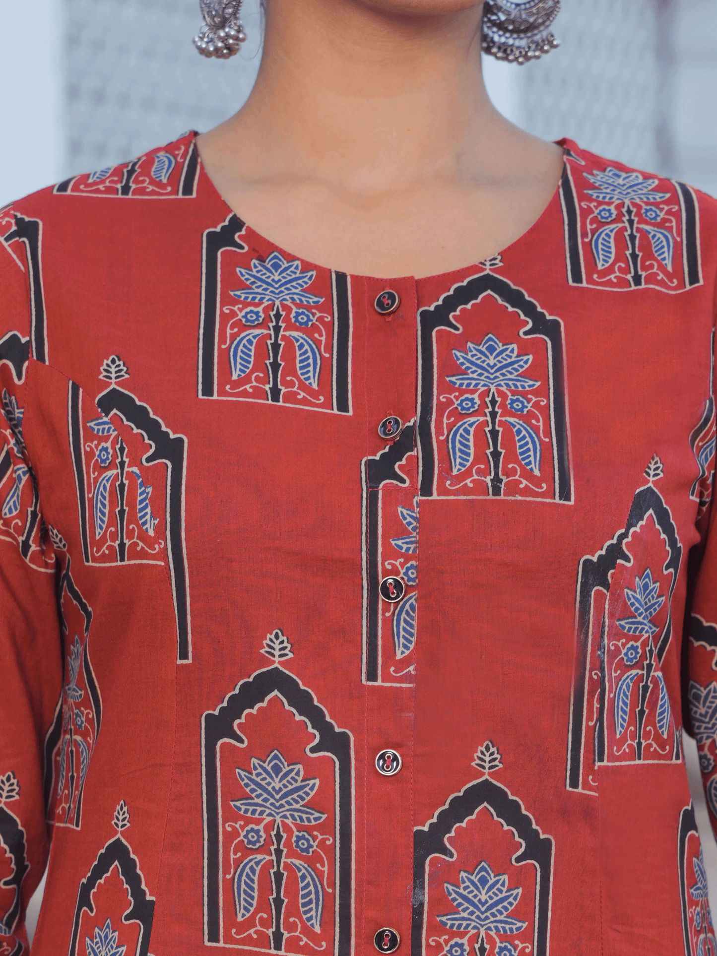 Soft Cotton Mughal Print A-line Rust Kurta