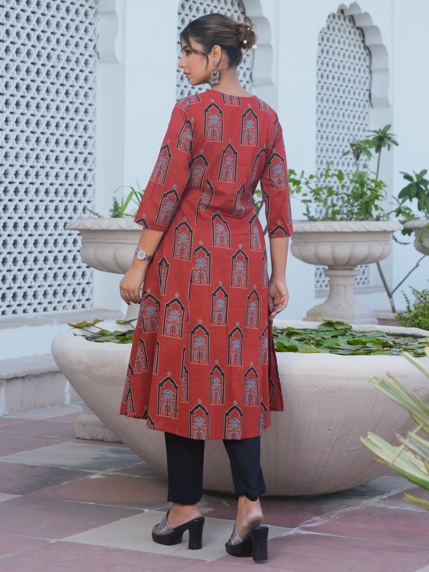 Soft Cotton Mughal Print A-line Rust Kurta