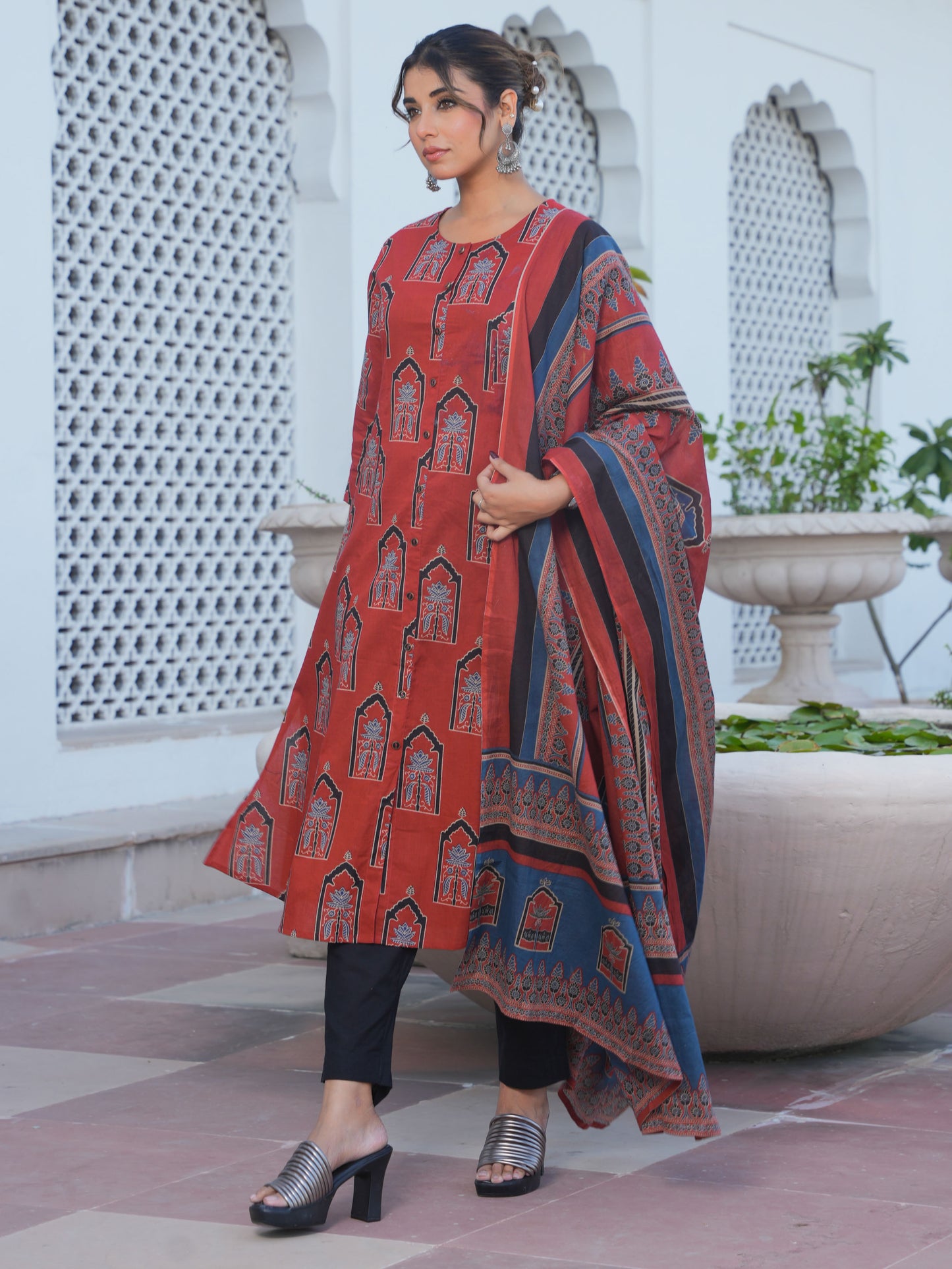 Soft Cotton Mughal Print A-line Rust Kurta