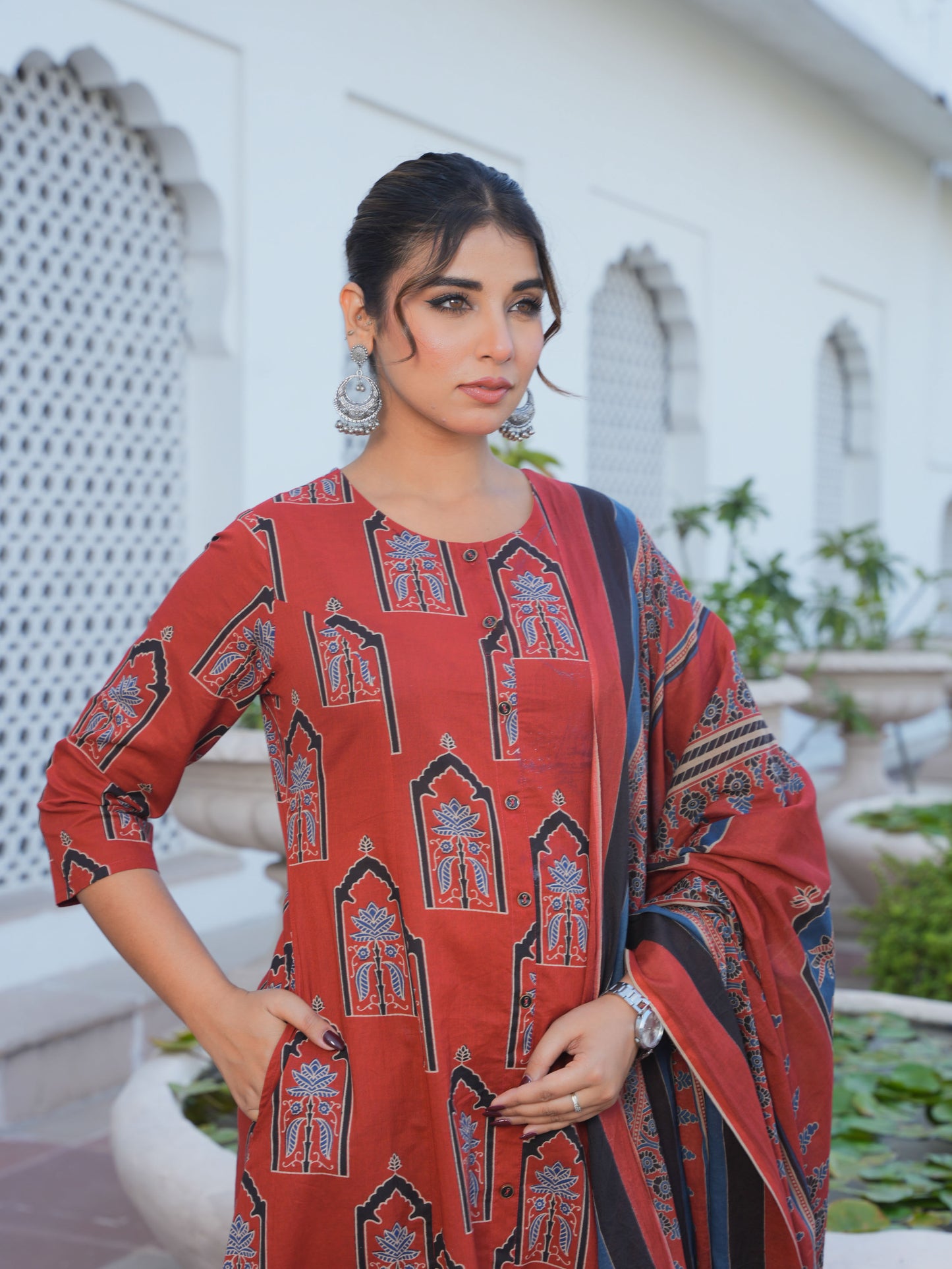 Soft Cotton Mughal Print A-line Rust Kurta