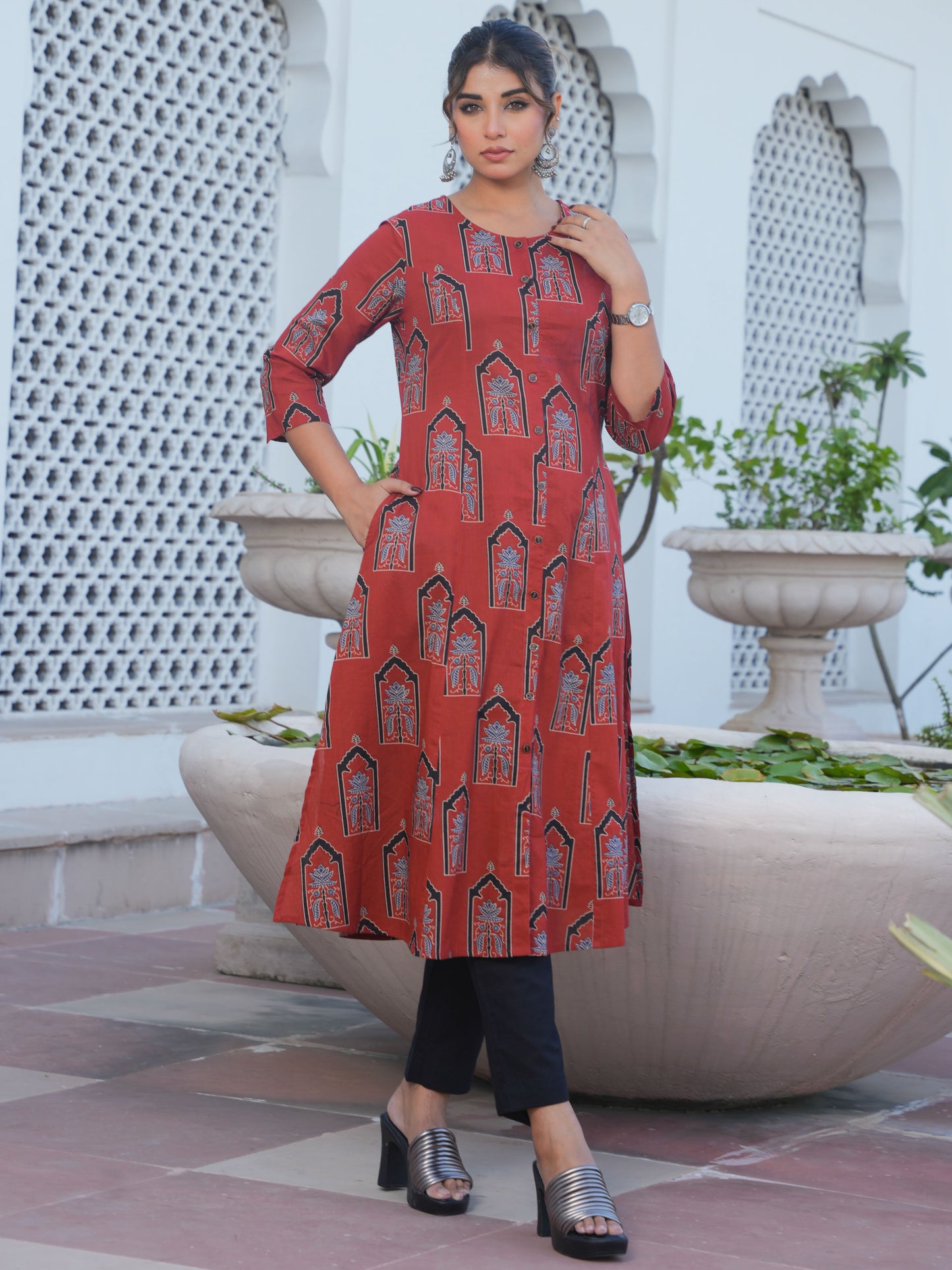 Soft Cotton Mughal Print A-line Rust Kurta