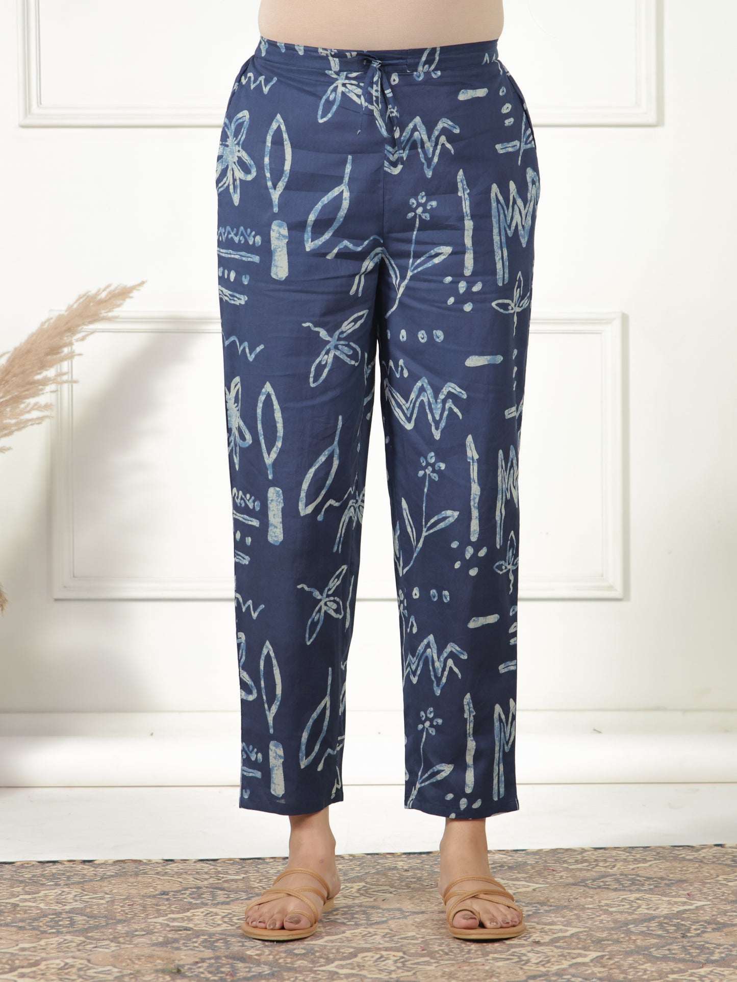 Soft Cotton Abstract Indigo Blue Tapered Trousers