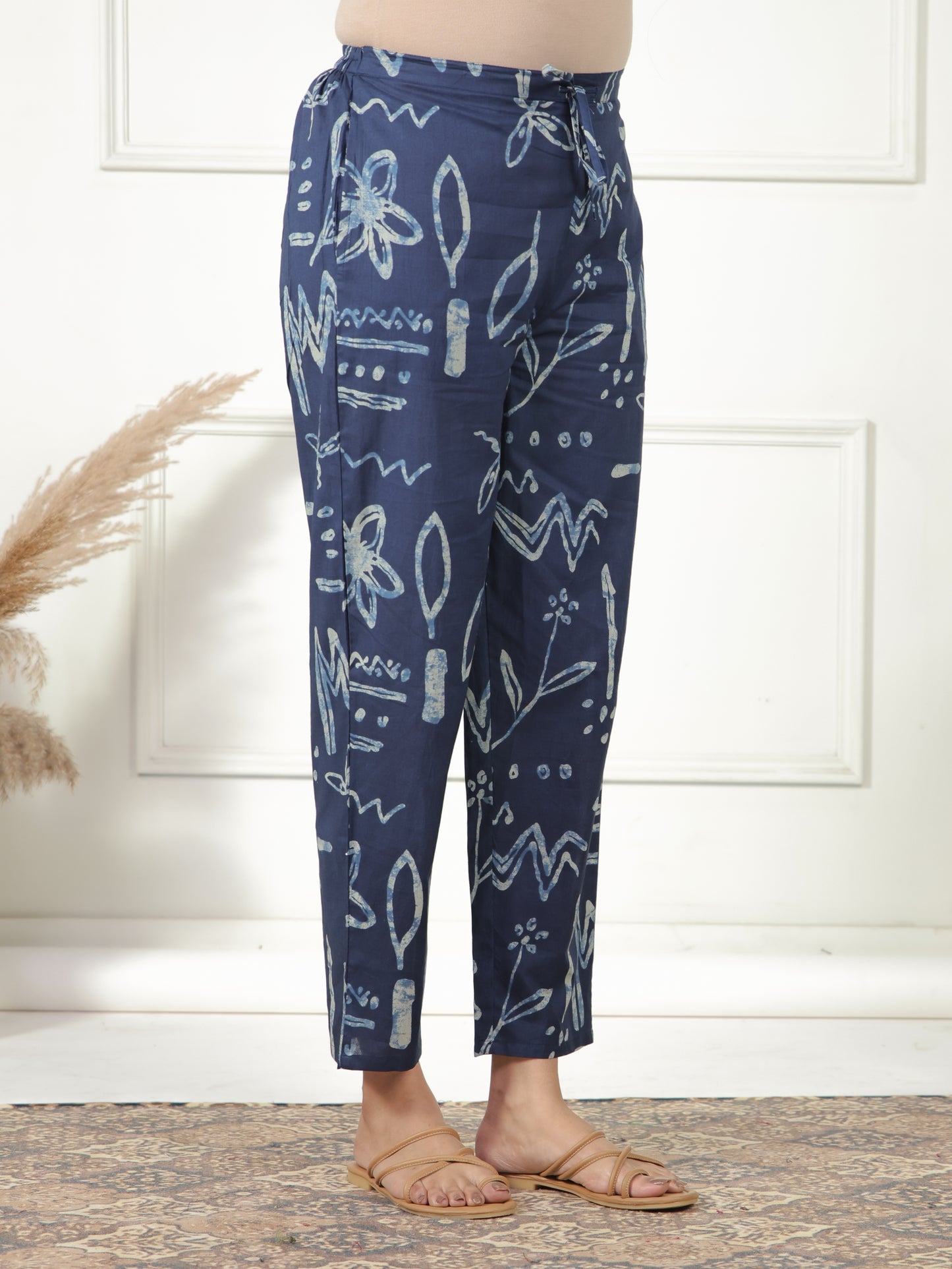 Soft Cotton Abstract Indigo Blue Tapered Trousers