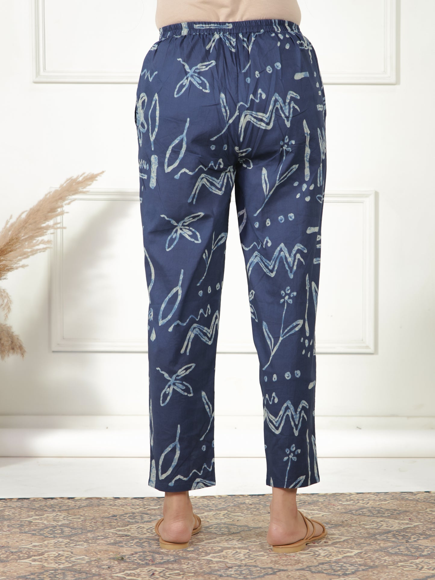 Soft Cotton Abstract Indigo Blue Tapered Trousers