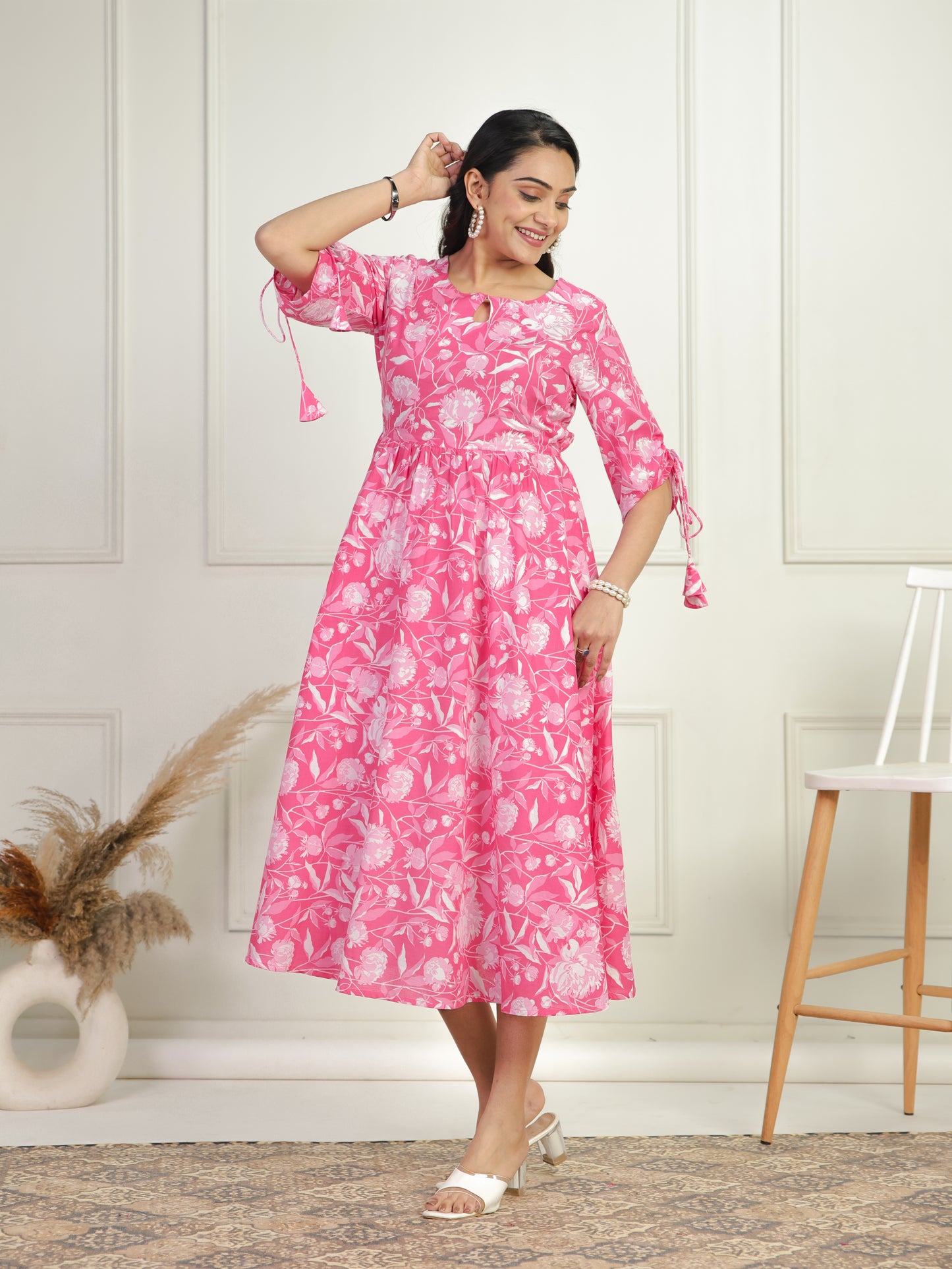 Soft Cotton Floral Flared Pink Dress