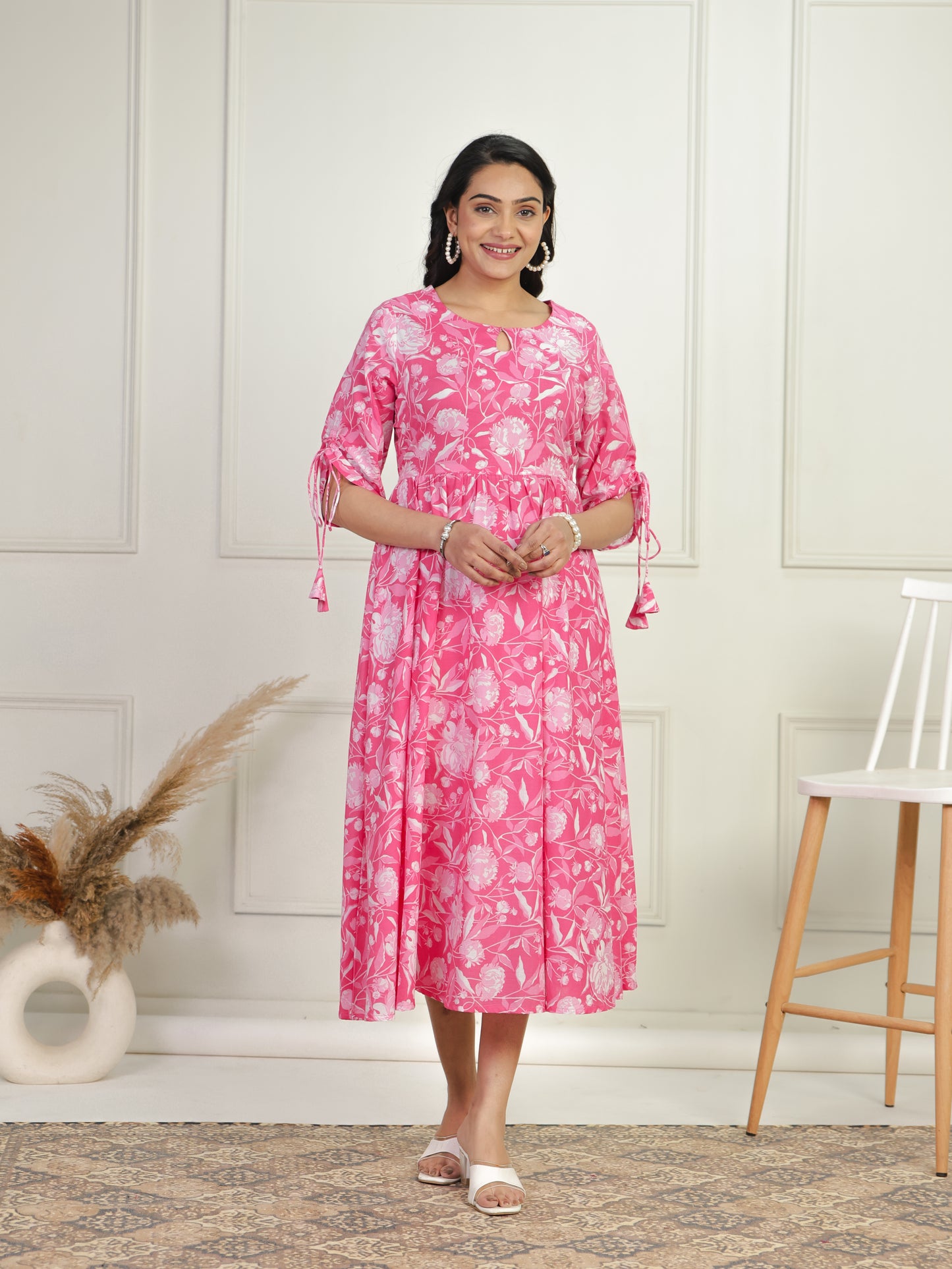 Soft Cotton Floral Flared Pink Dress