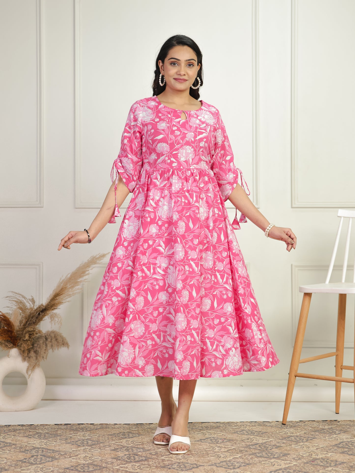 Soft Cotton Floral Flared Pink Dress
