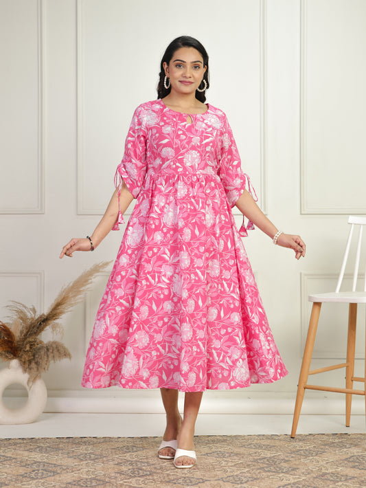 Soft Cotton Floral Flared Pink Dress