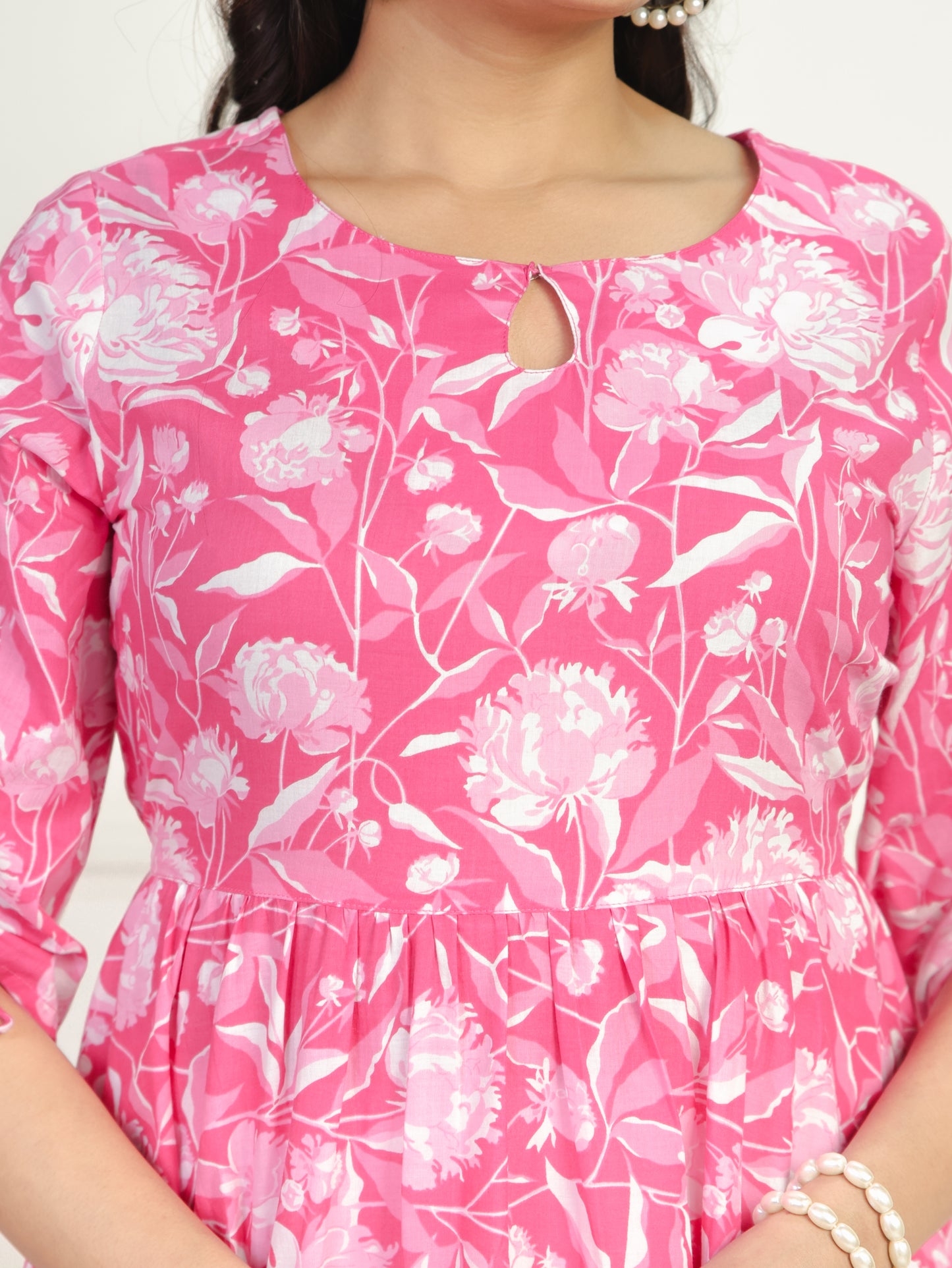 Soft Cotton Floral Flared Pink Dress