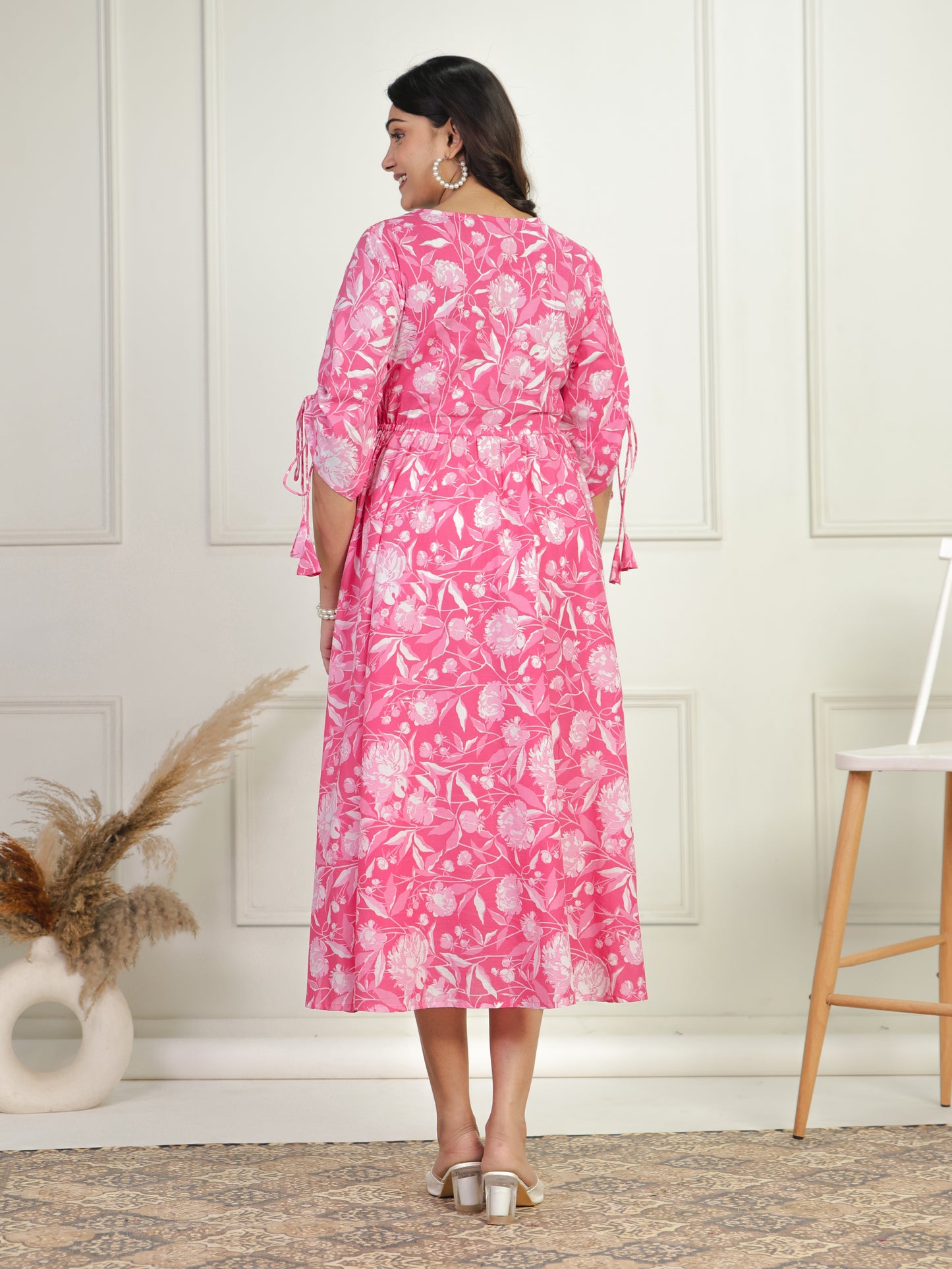 Soft Cotton Floral Flared Pink Dress